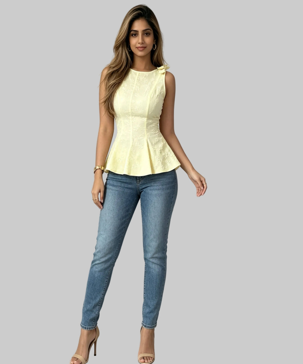 Women dressed with jeans and yellow top on a white background