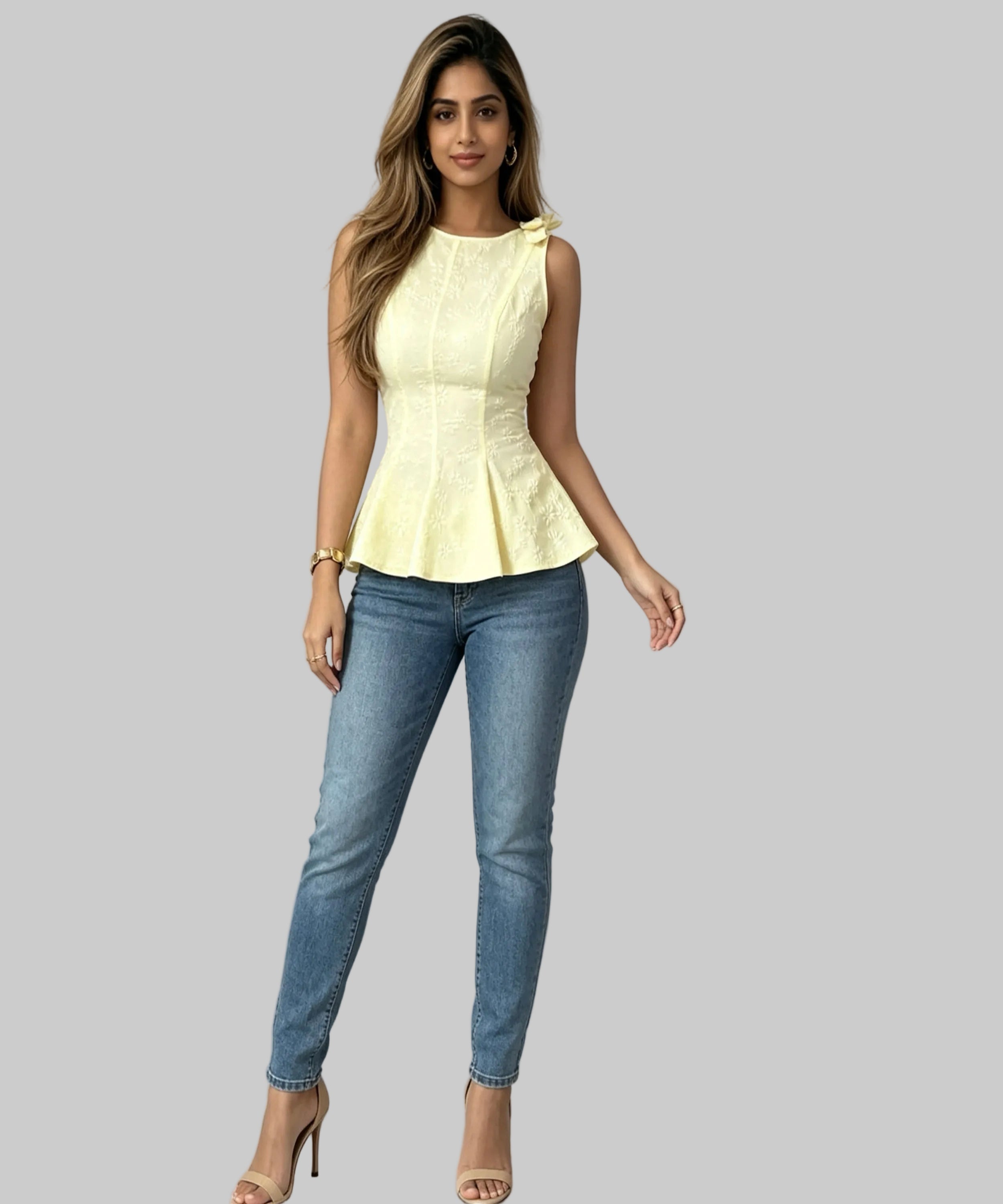 Women dressed with jeans and yellow top on a white background