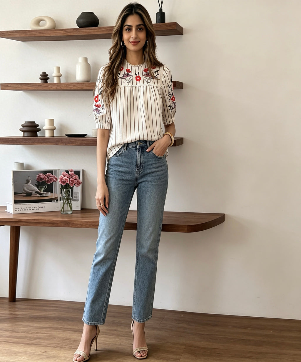 Woman wearing a white blouse with floral embroidery and blue jeans standing in a room with wooden shelves.