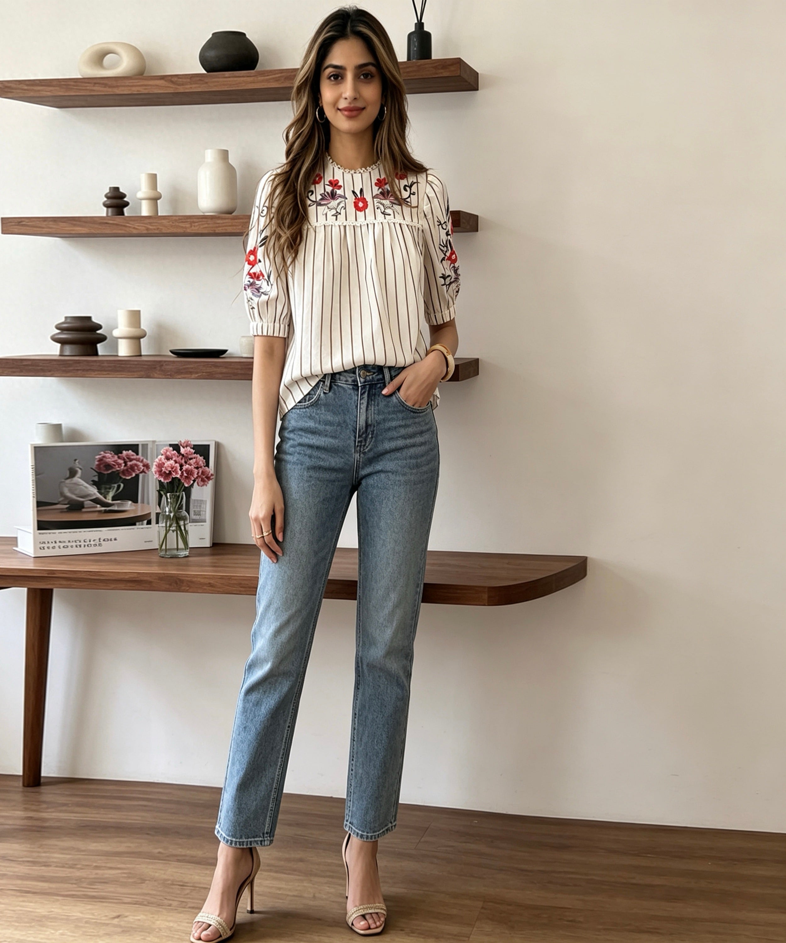 Woman wearing a white blouse with floral embroidery and blue jeans standing in a room with wooden shelves.