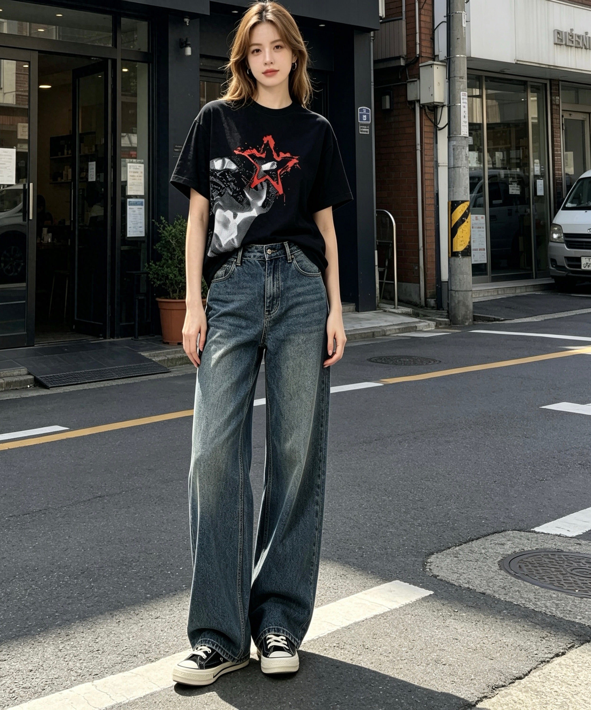 Person wearing a black t-shirt with a graphic design and blue jeans standing on a street.