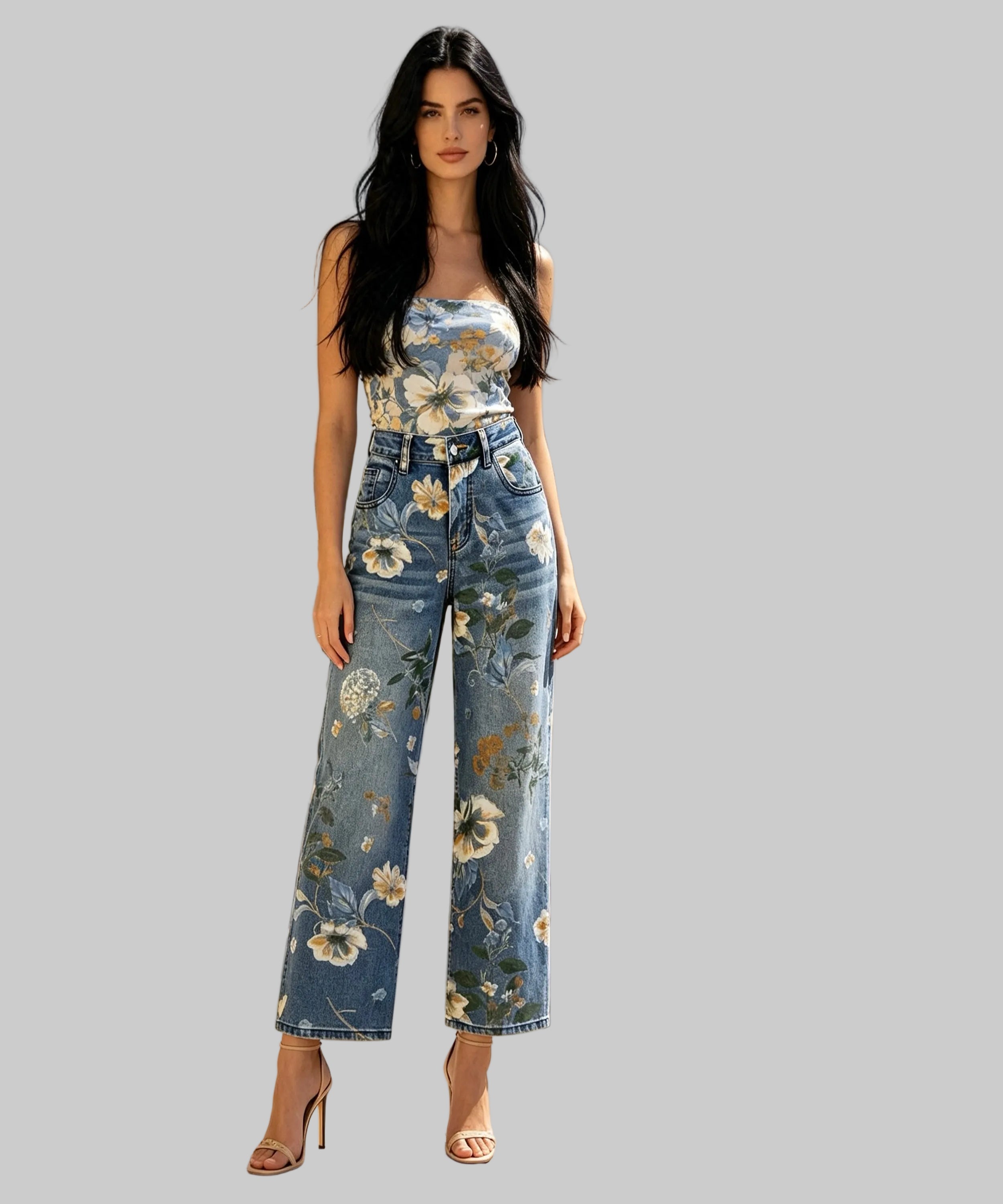 Woman wearing a floral dress and denim pants on a balcony with a cityscape in the background
