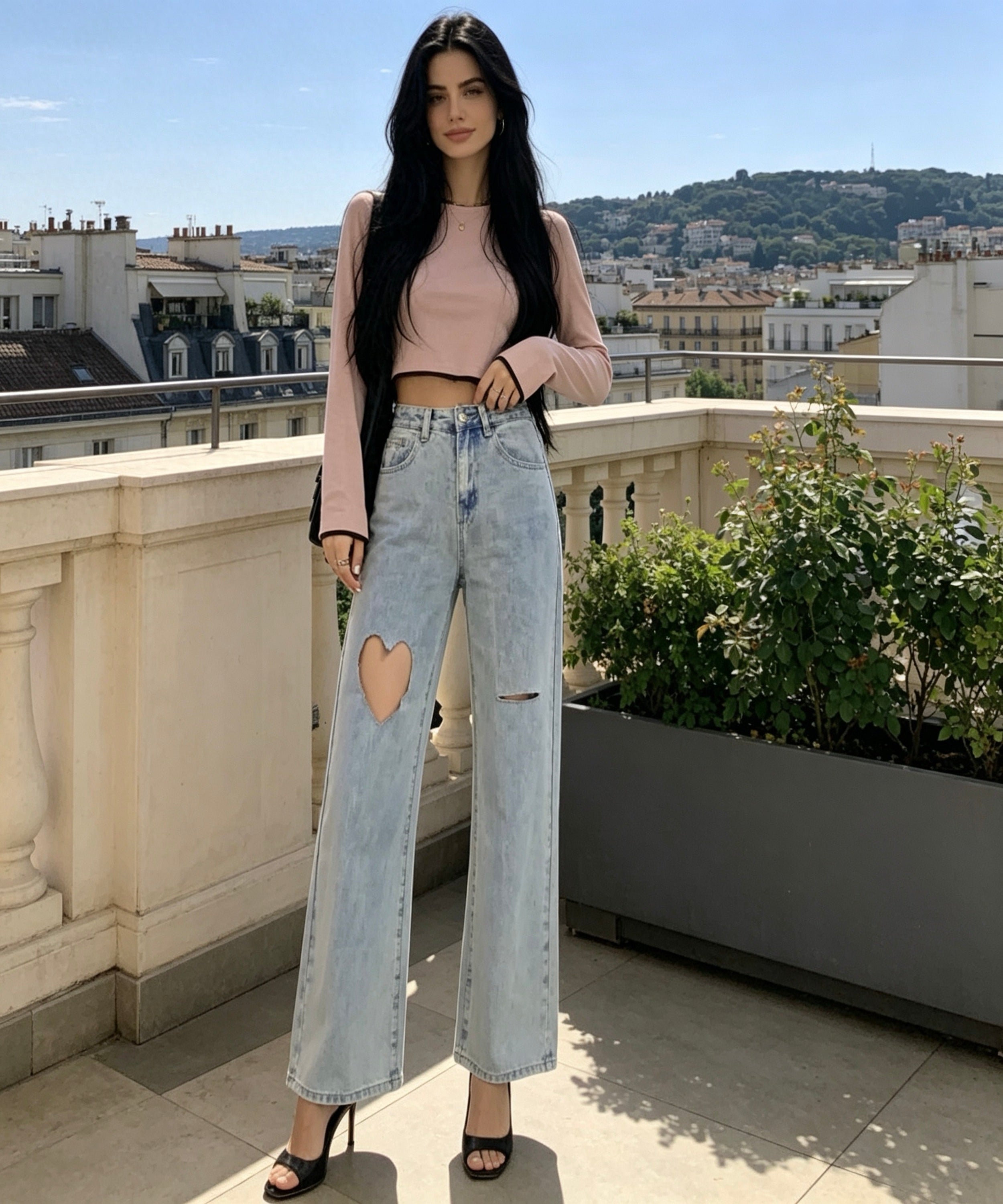 Woman standing on a rooftop with a cityscape in the background
