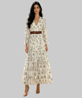 Women dressed in a long dress and heels on a white background