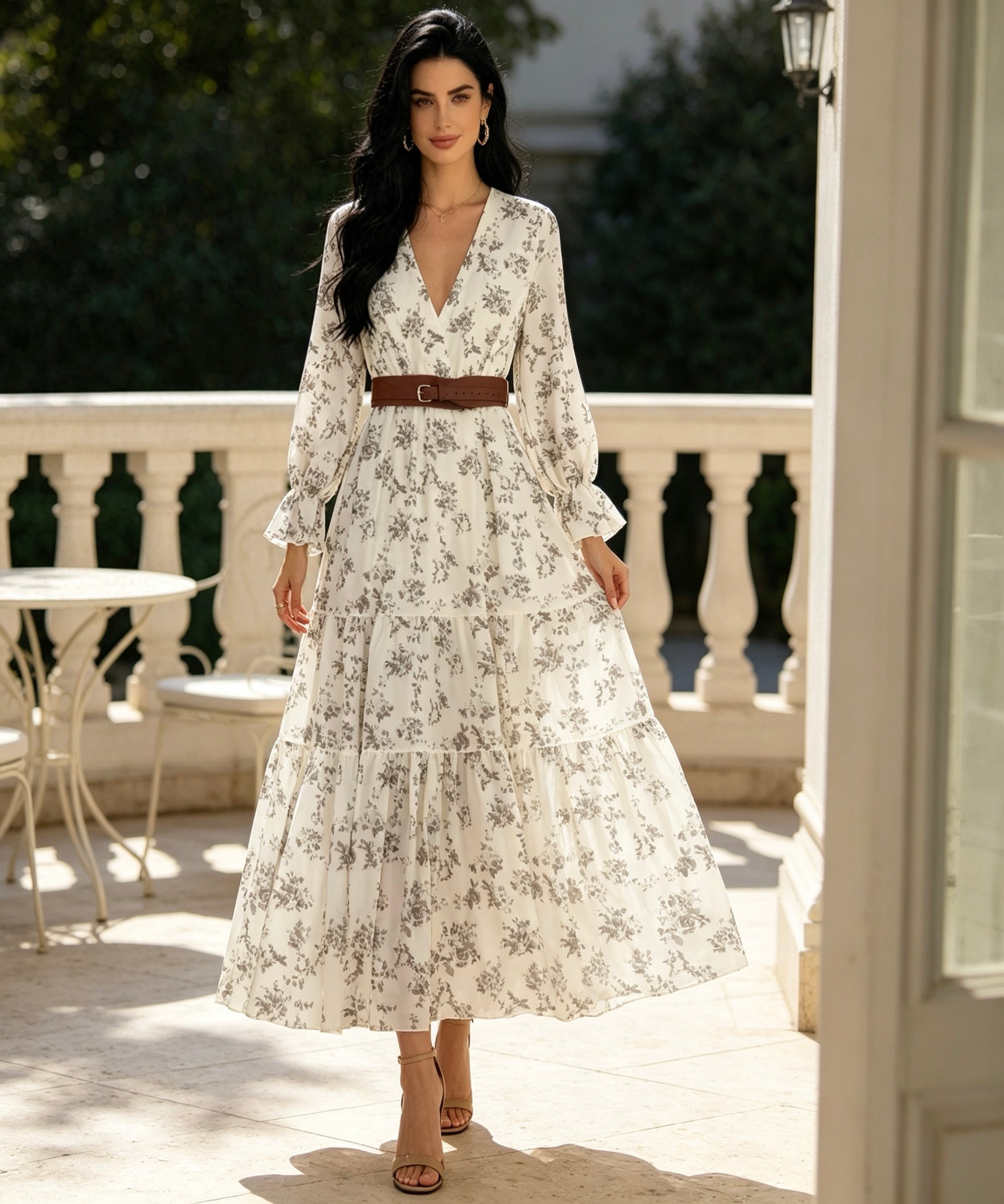 women with the dress on a terrace background