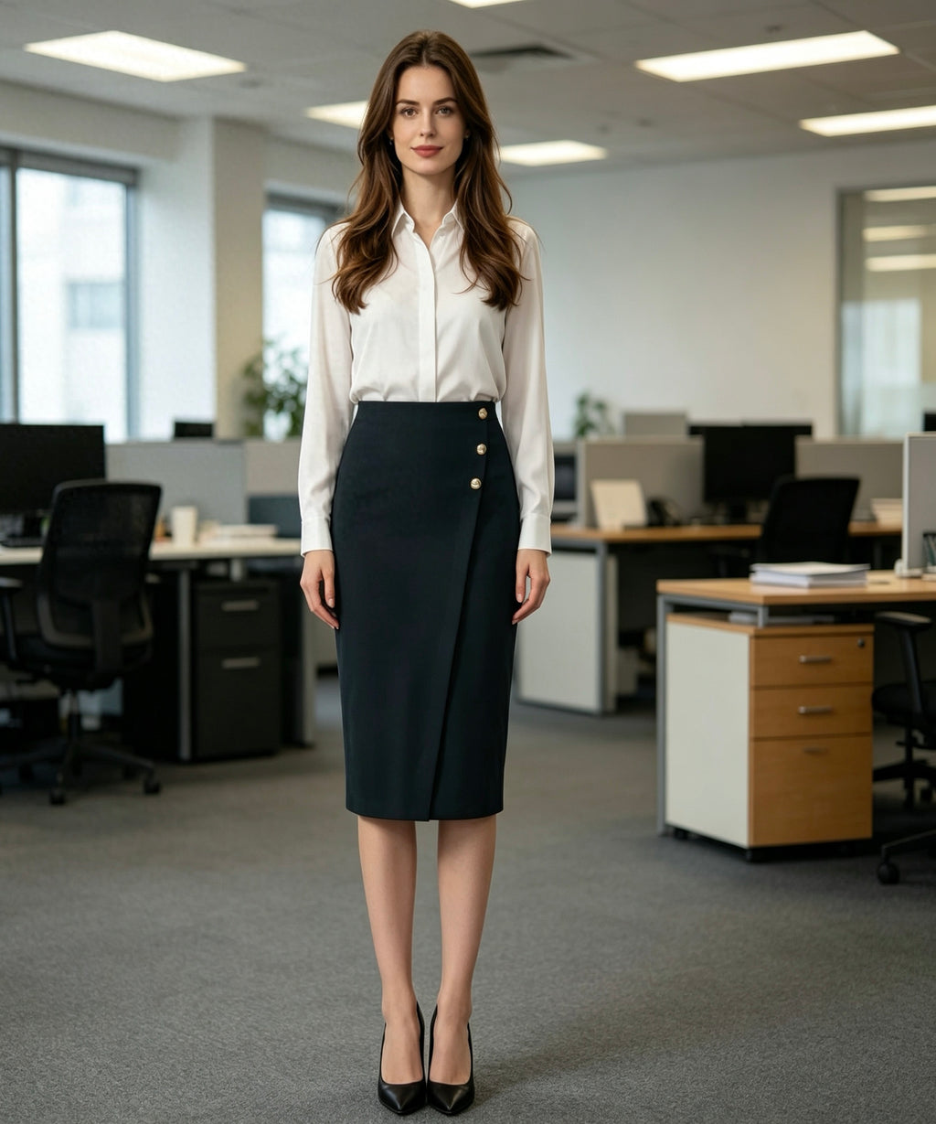 Woman in a professional outfit standing in an office setting