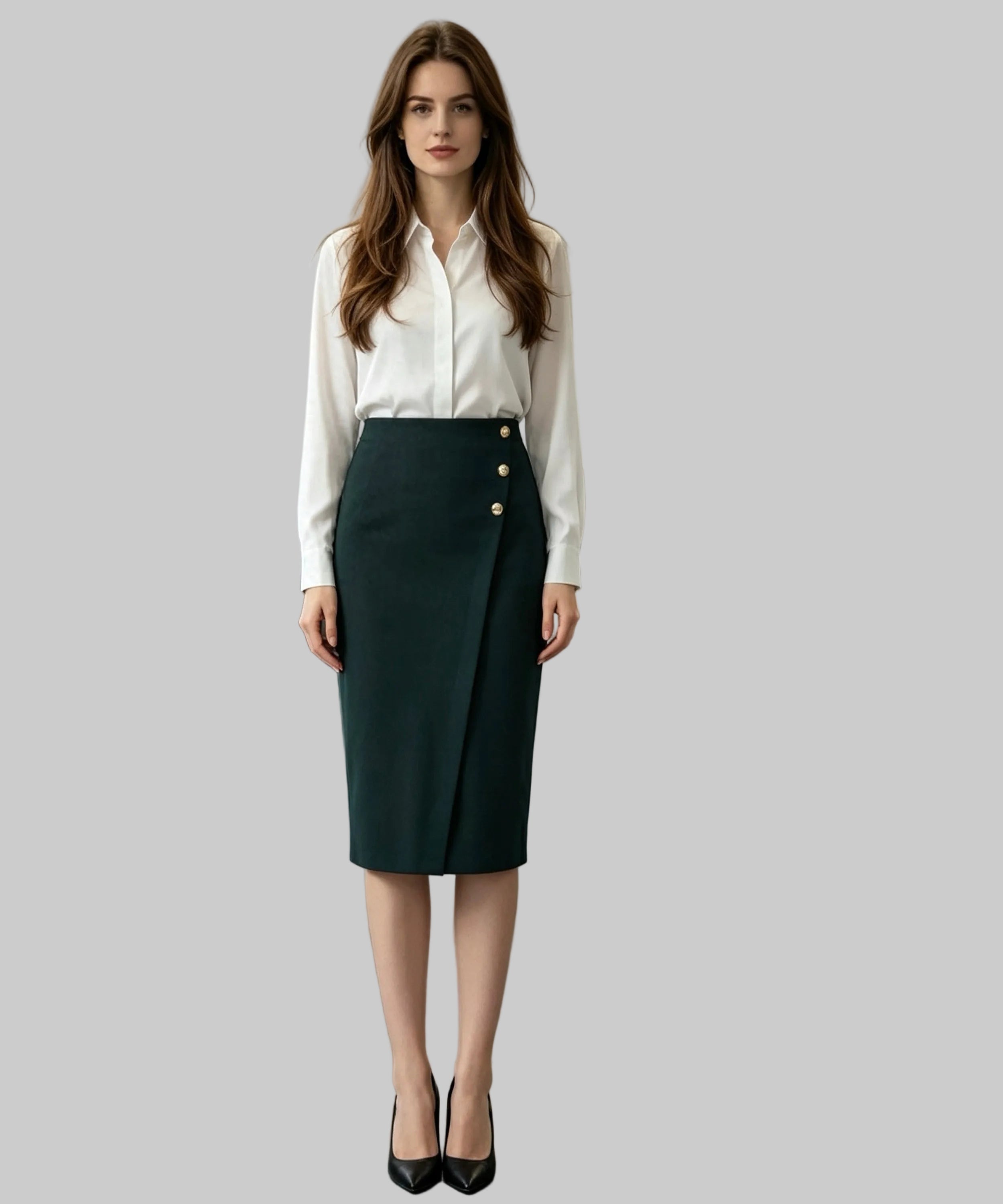 Woman in a white blouse and dark green skirt standing in a white background
