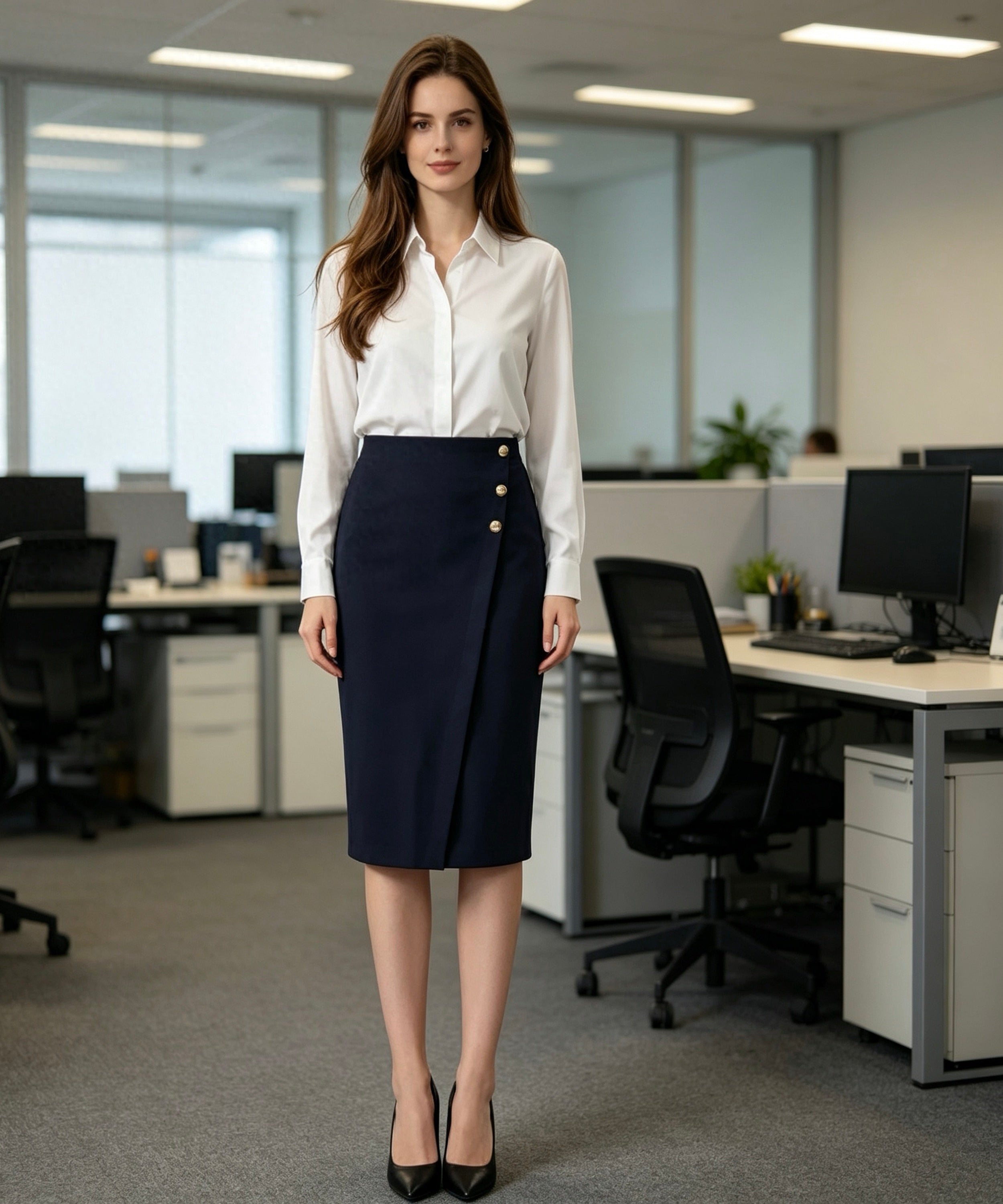 Woman in a white blouse and navy skirt standing in an office setting