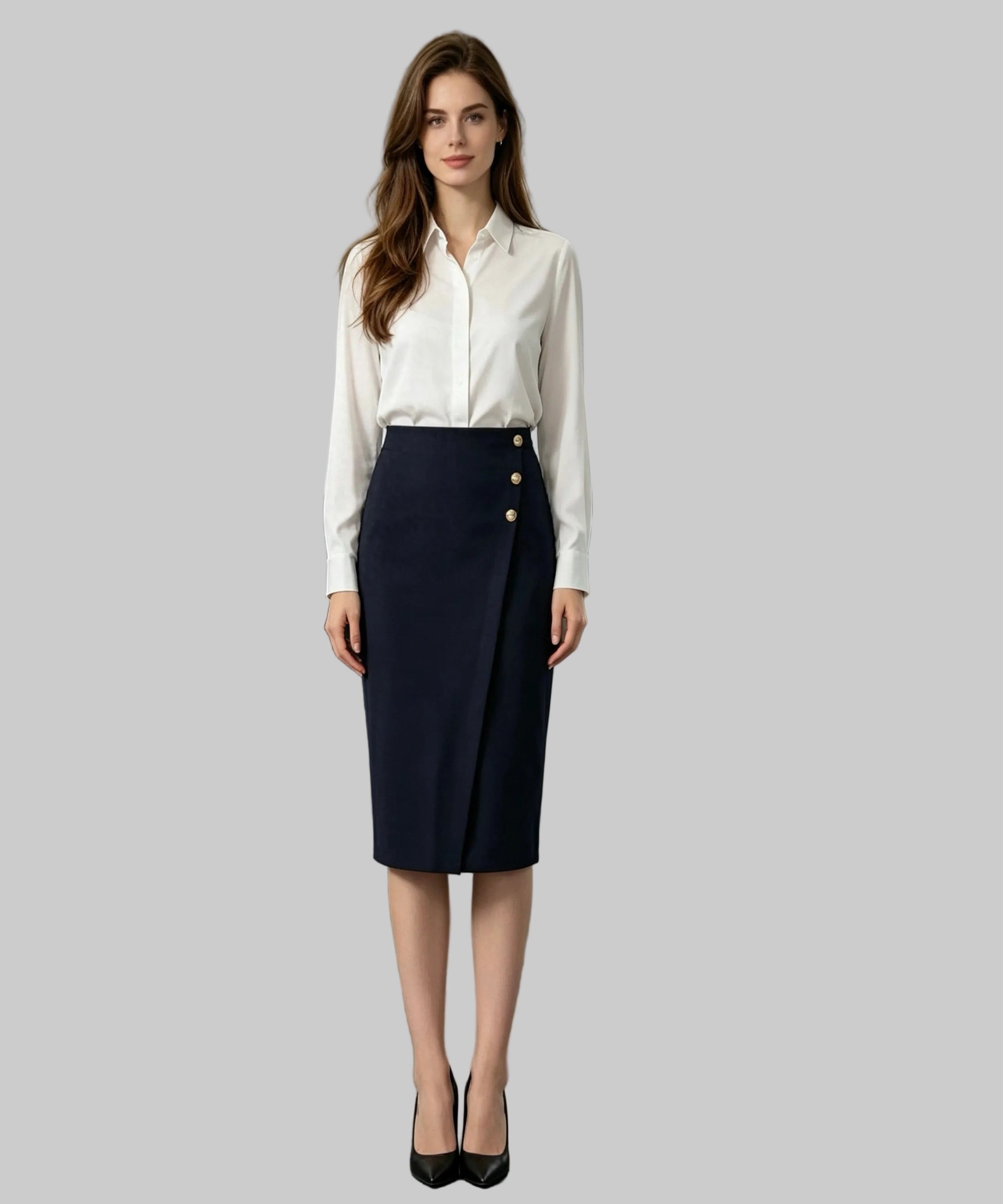 Woman in a professional outfit standing in a white background