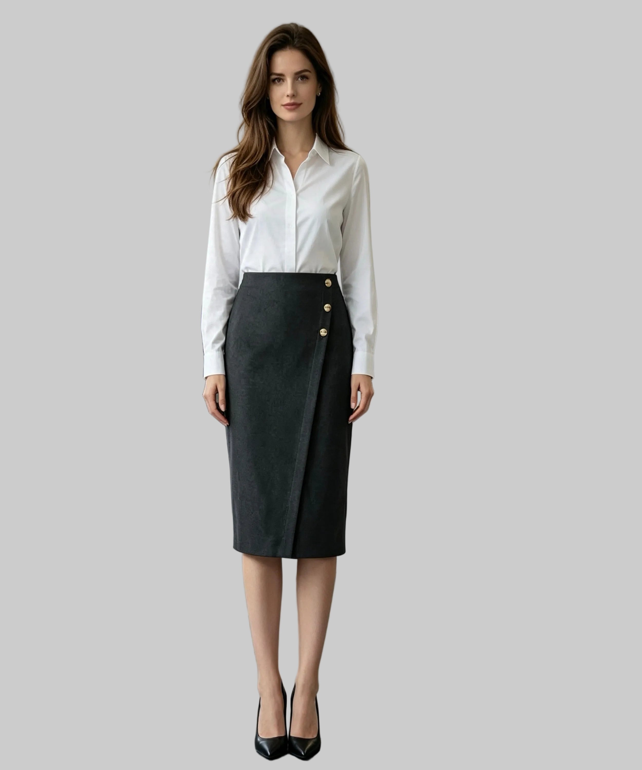 Woman in a professional outfit standing in a white background