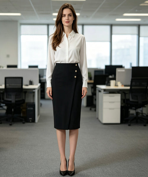 Woman in a white blouse and black skirt standing in an office setting