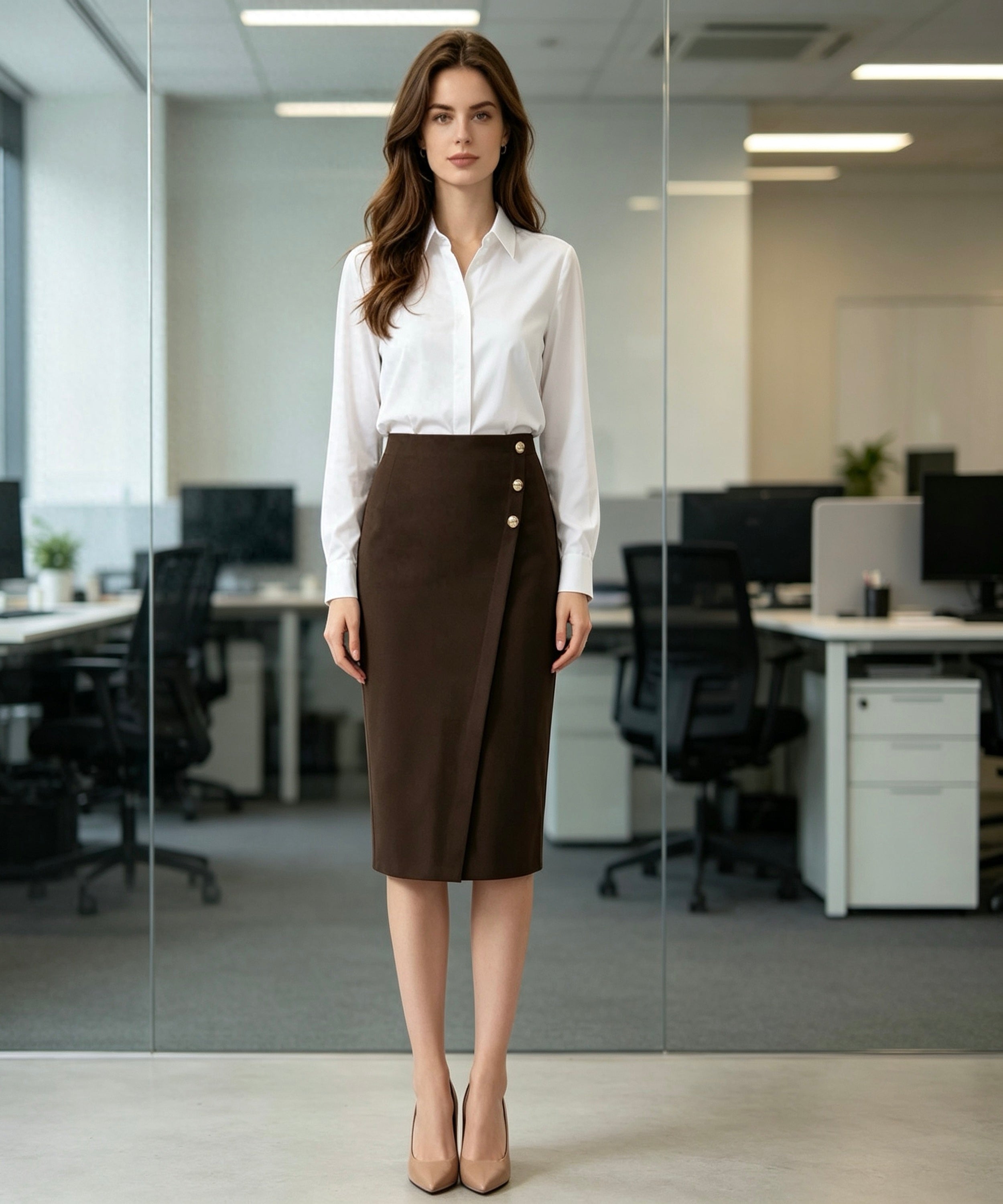 women dressed in an office outfit sitting in an office background