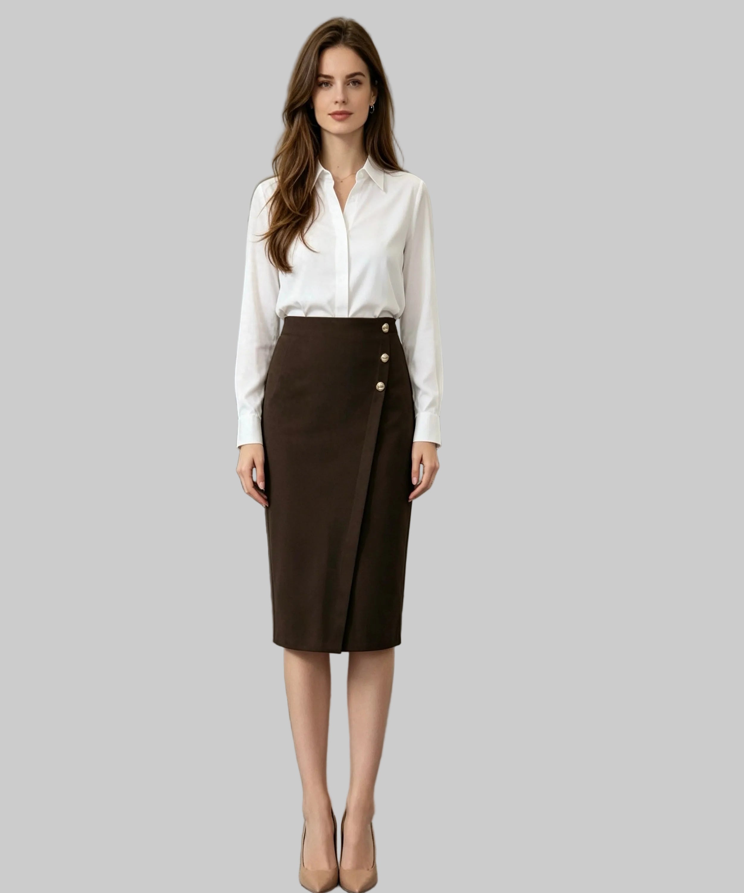 Woman in a white blouse and brown skirt standing in a white background