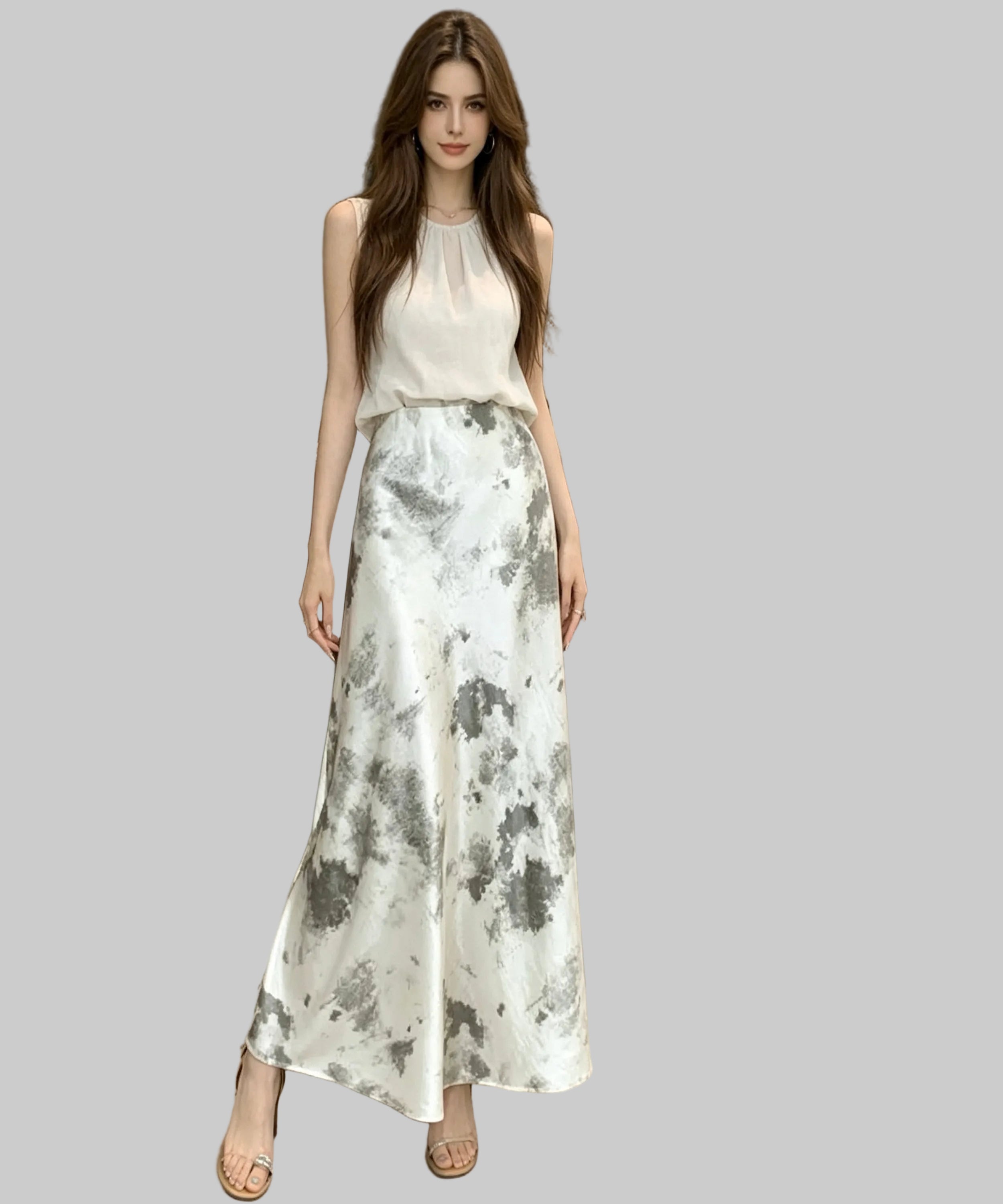 Woman wearing a white top and floral skirt standing on a white background.