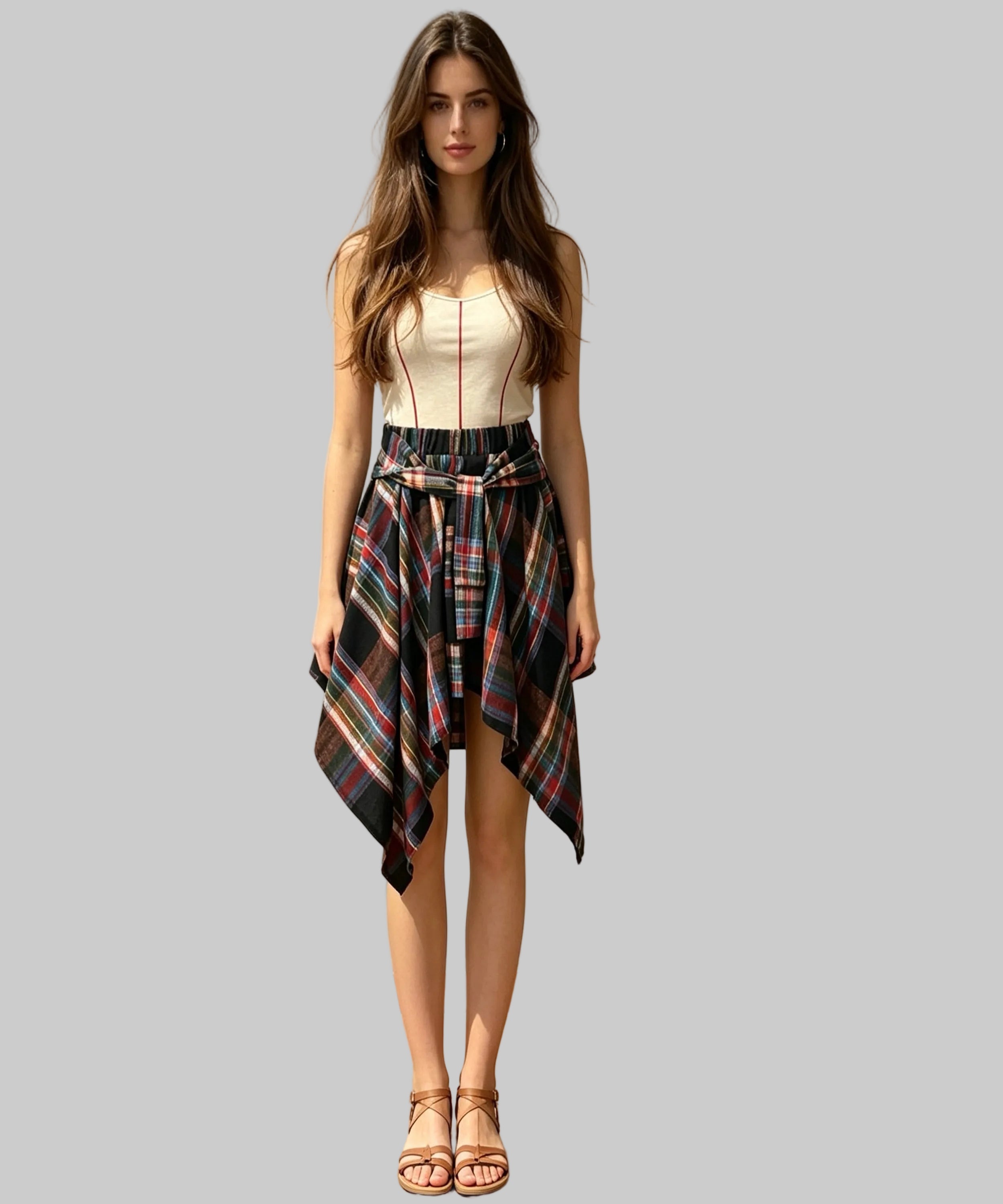 women dressed with skirt, top and sandals on a white background