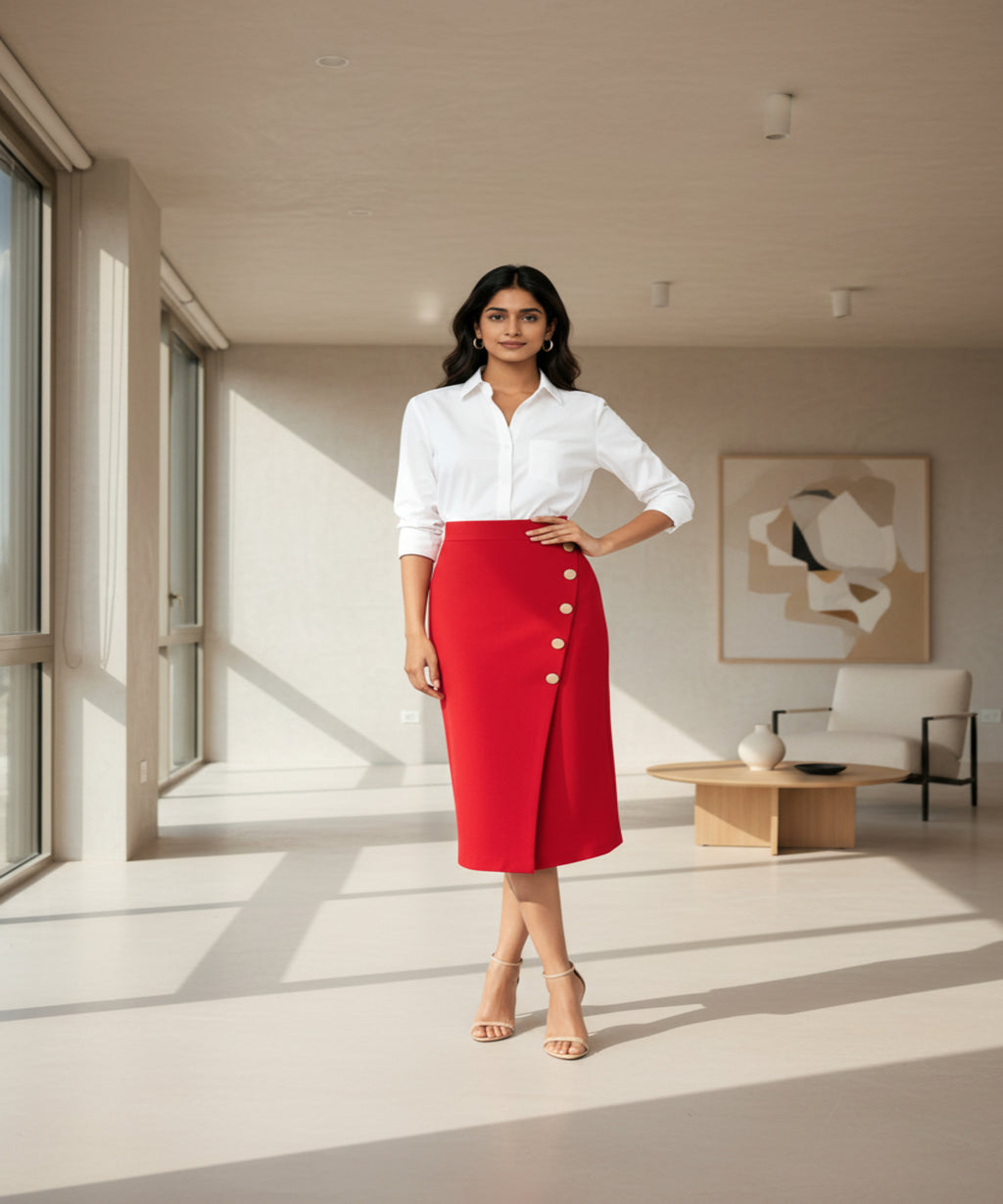 Woman wearing a white blouse and red skirt with buttons on a living room background