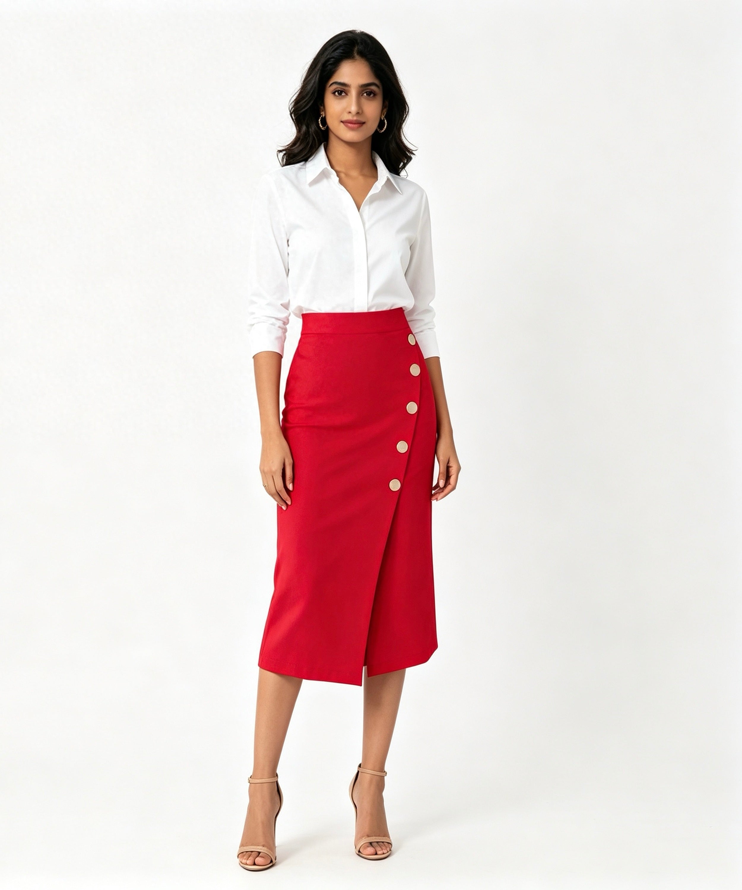 Woman wearing a white blouse and red skirt with buttons on a white background