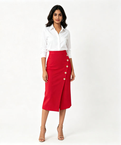 Woman wearing a white blouse and red skirt with buttons on a white background