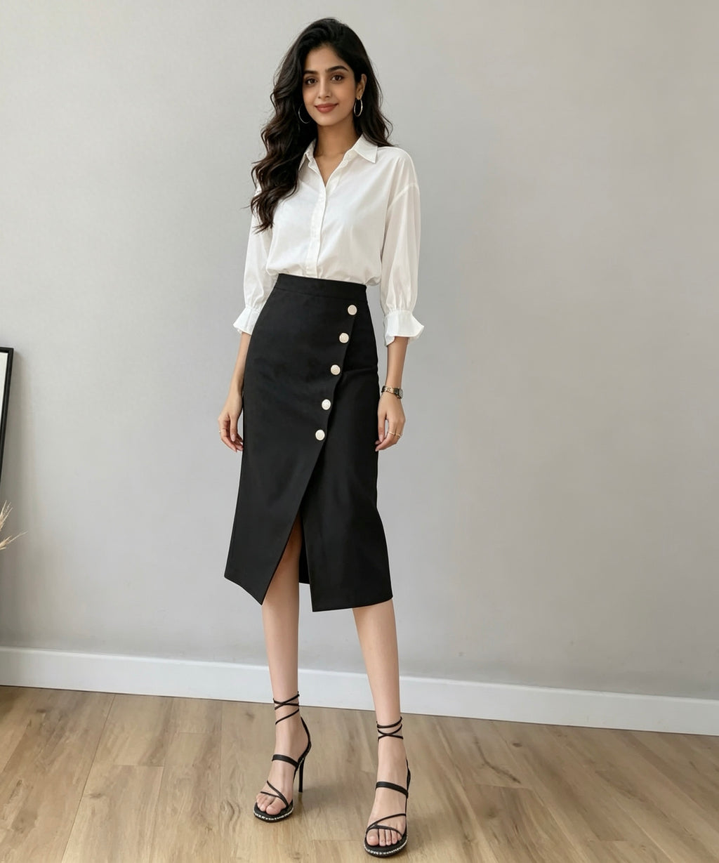 Woman wearing a white blouse and black skirt with buttons against a plain background