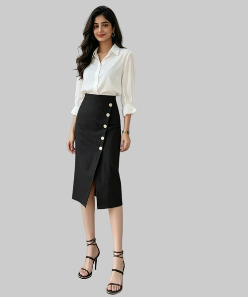 Woman wearing a white blouse and black skirt with buttons, standing on a white background