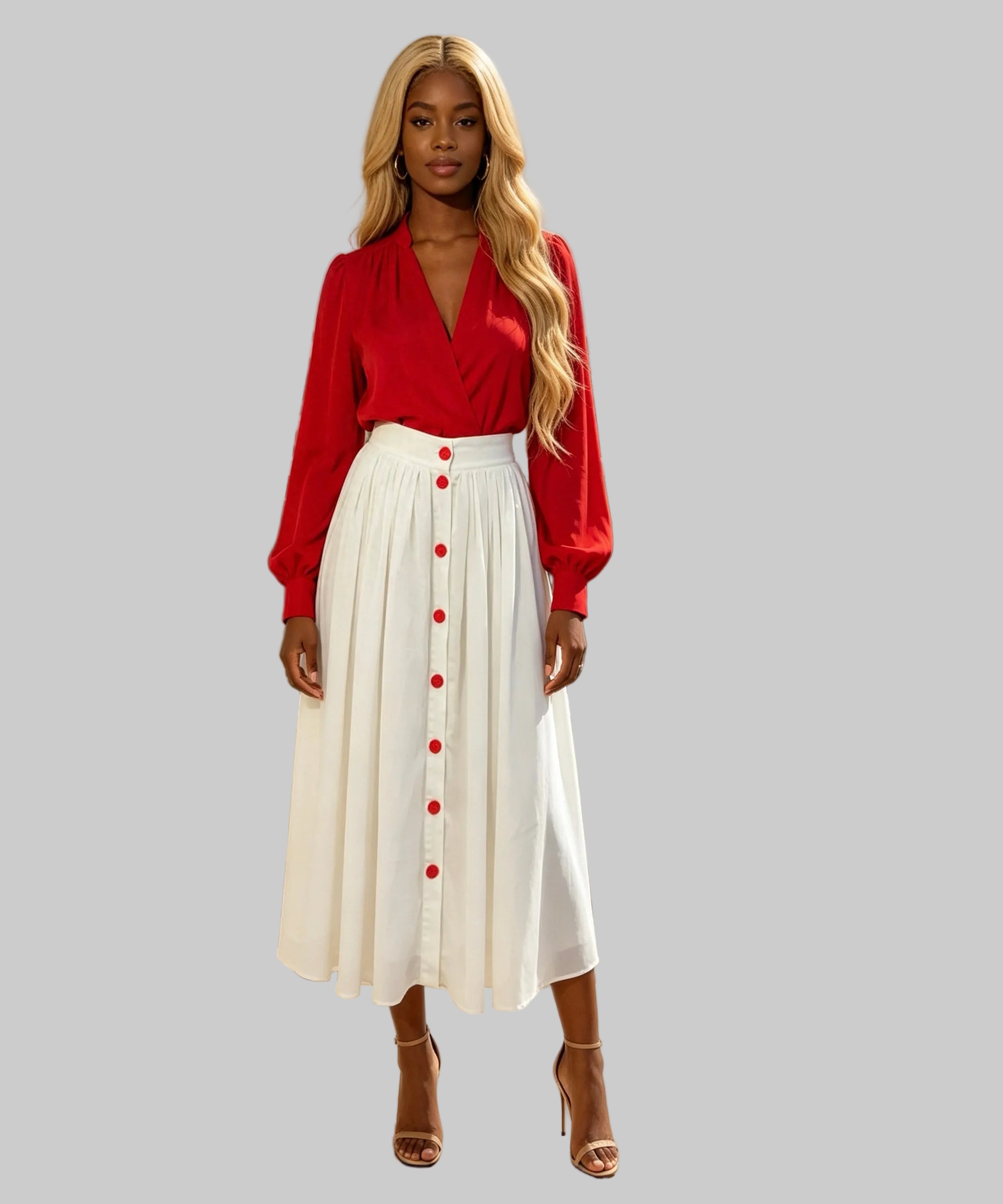 Woman in a red blouse and white skirt with red buttons standing on a white background