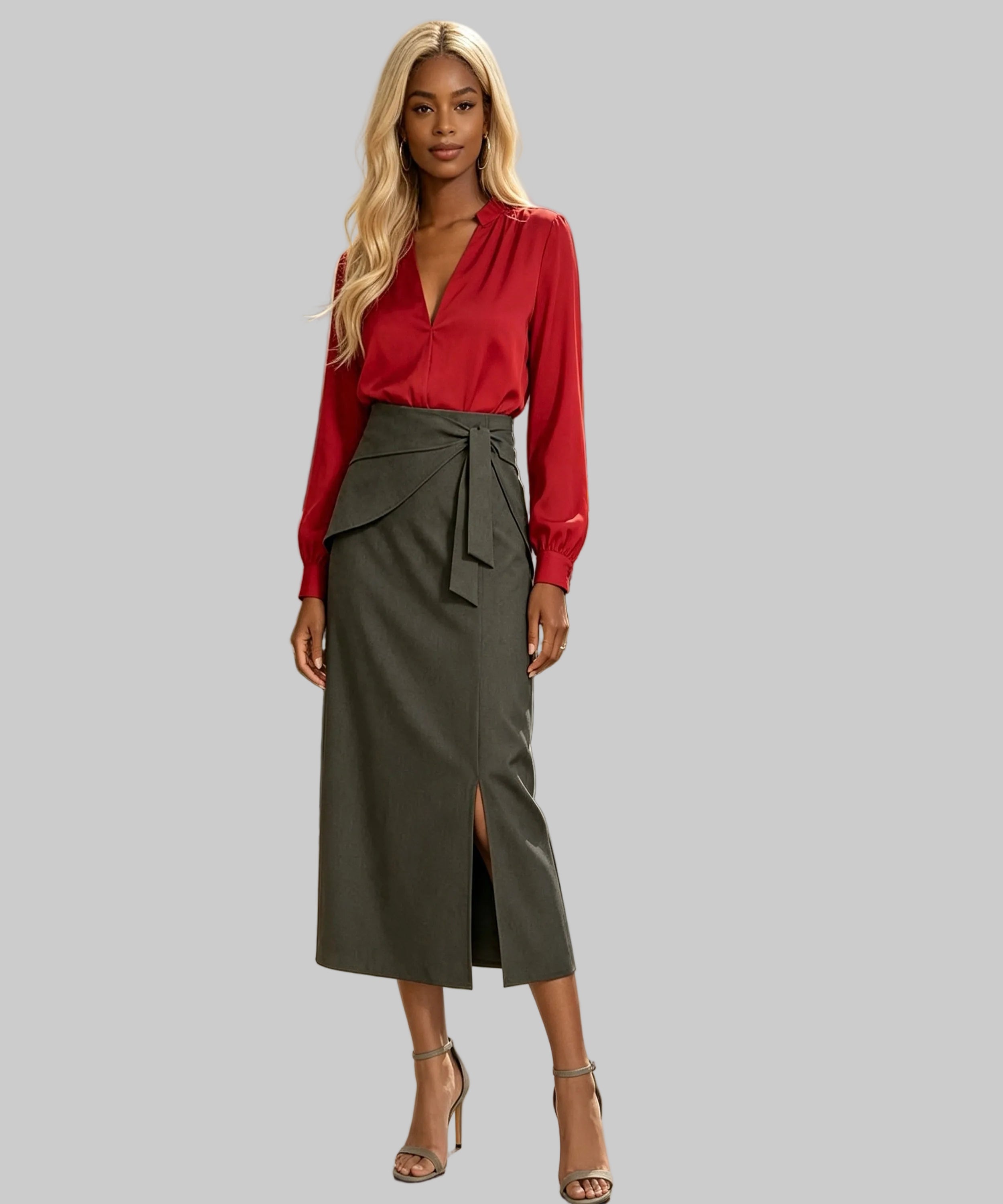 Woman in a red blouse and green skirt standing on a white background