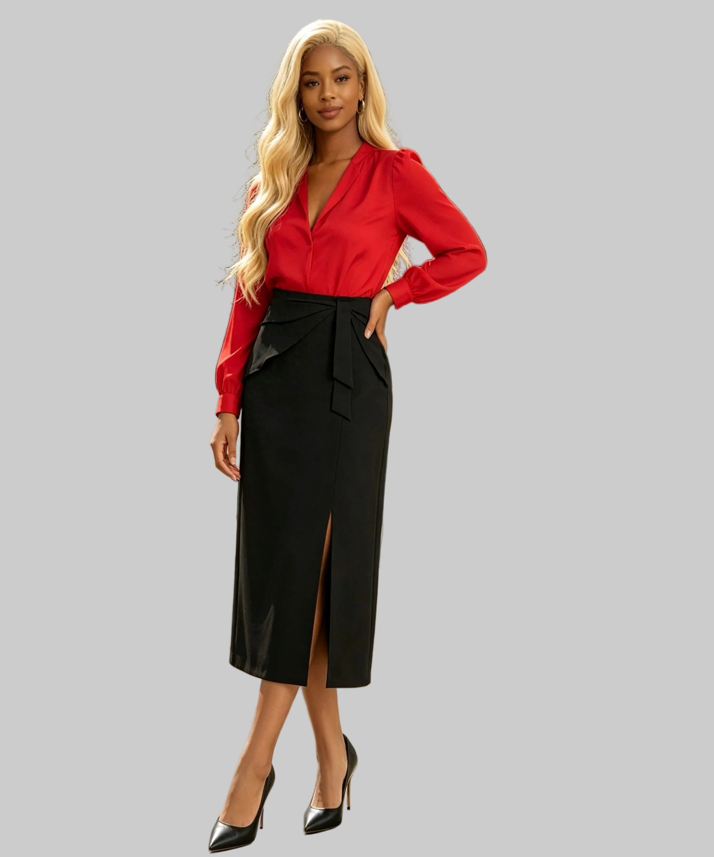 Woman in a red blouse and black skirt standing on a white background