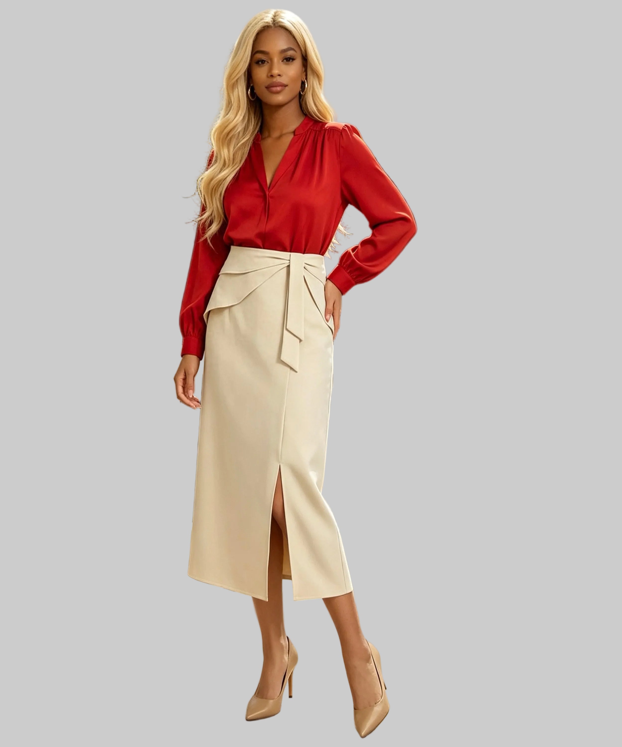 Woman in a red blouse and beige skirt standing on a white background