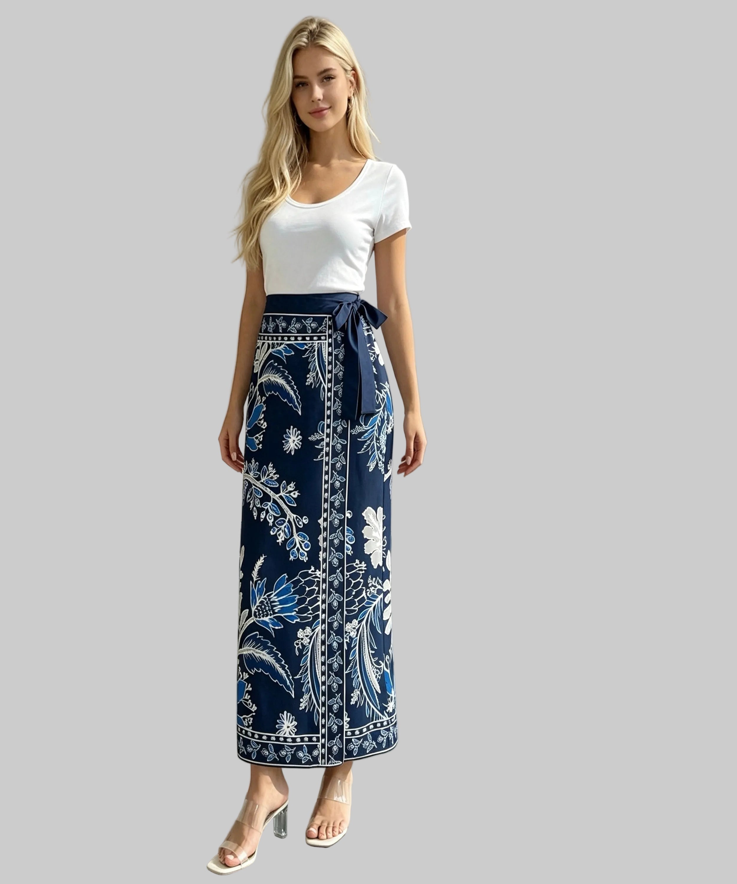 Woman wearing a white top and blue patterned skirt on a white background