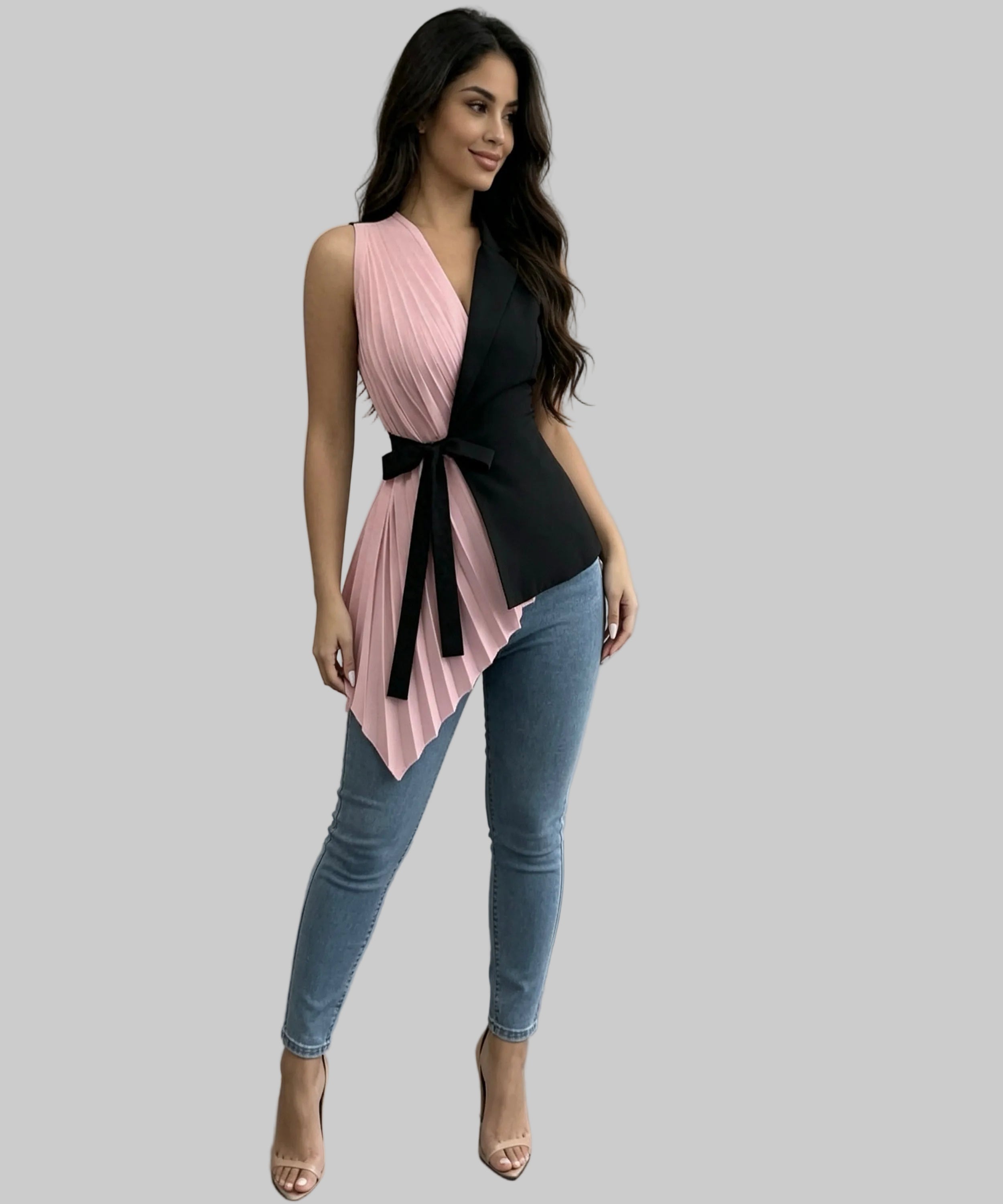 Woman wearing a pink and black sleeveless top with blue jeans in a minimalistic room.
