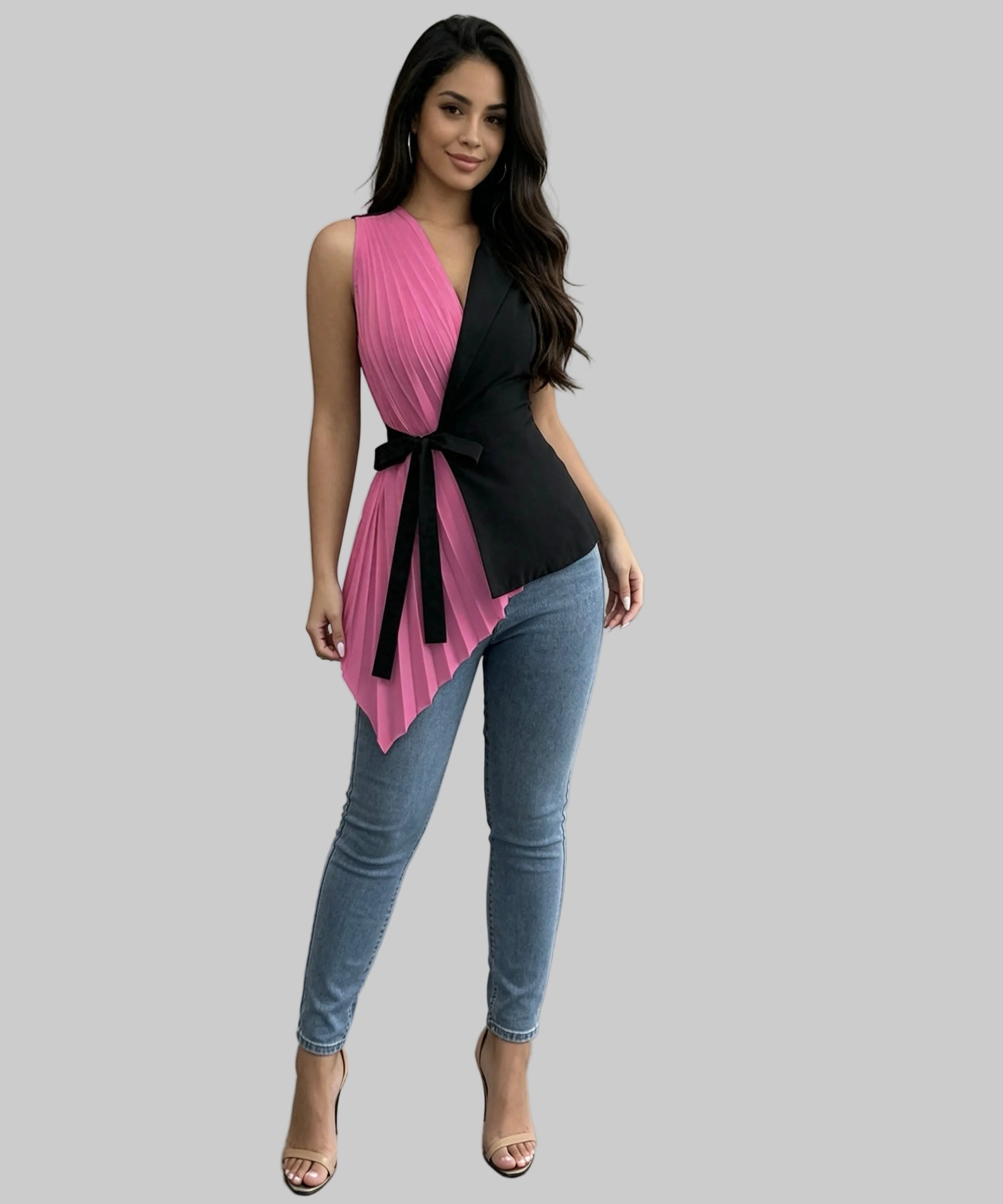 Woman wearing a pink and black top with blue jeans in a room with white walls and gray floor.