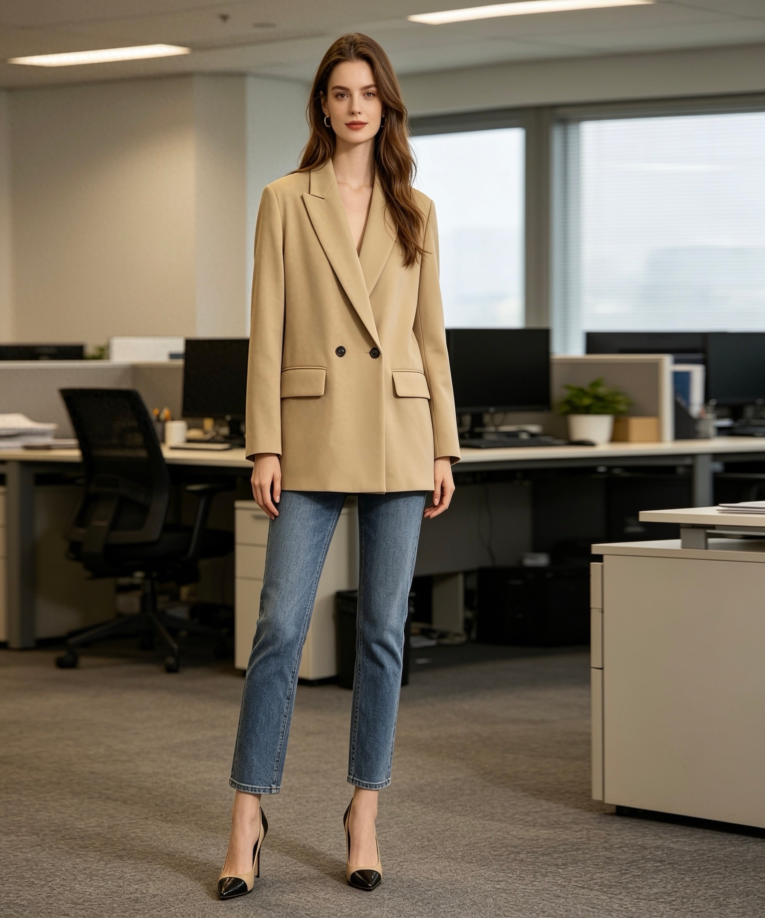 Woman in a beige blazer and blue jeans standing in an office setting