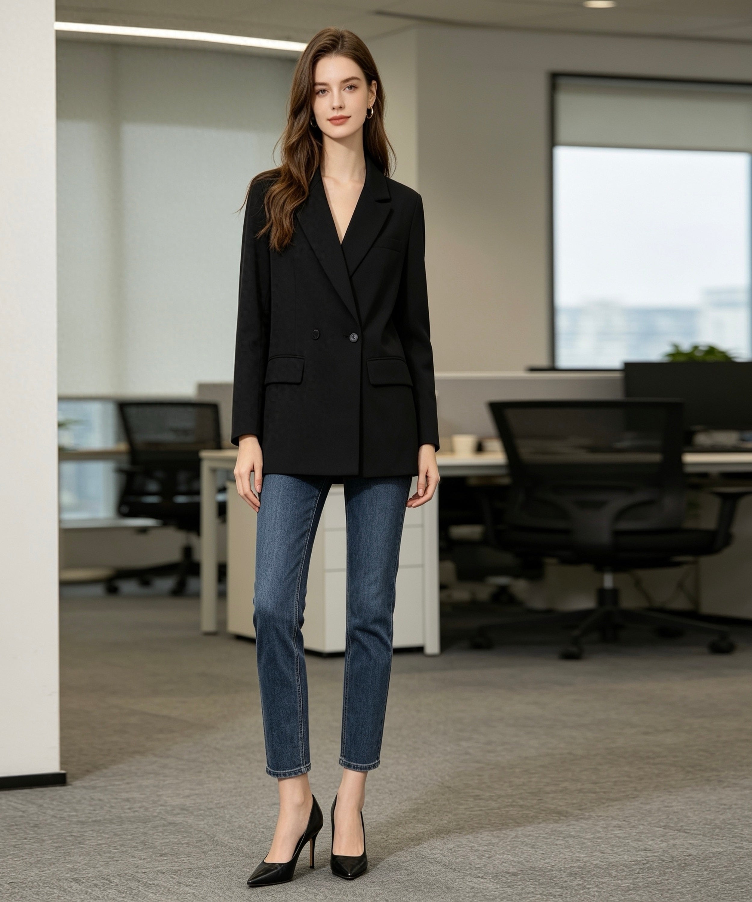 Woman wearing a black blazer and blue jeans in an office setting