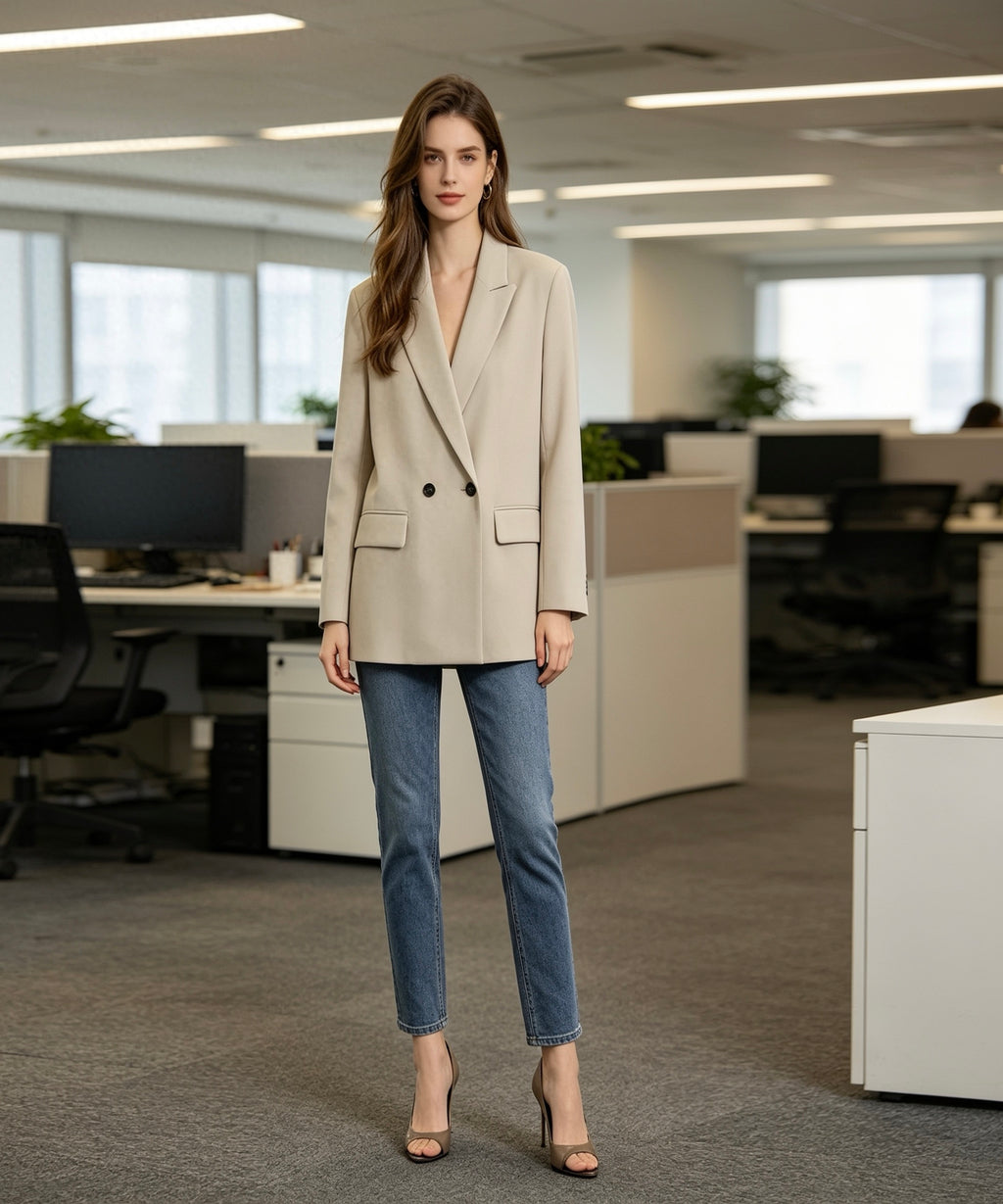 Woman in a beige blazer and blue jeans standing in an office setting