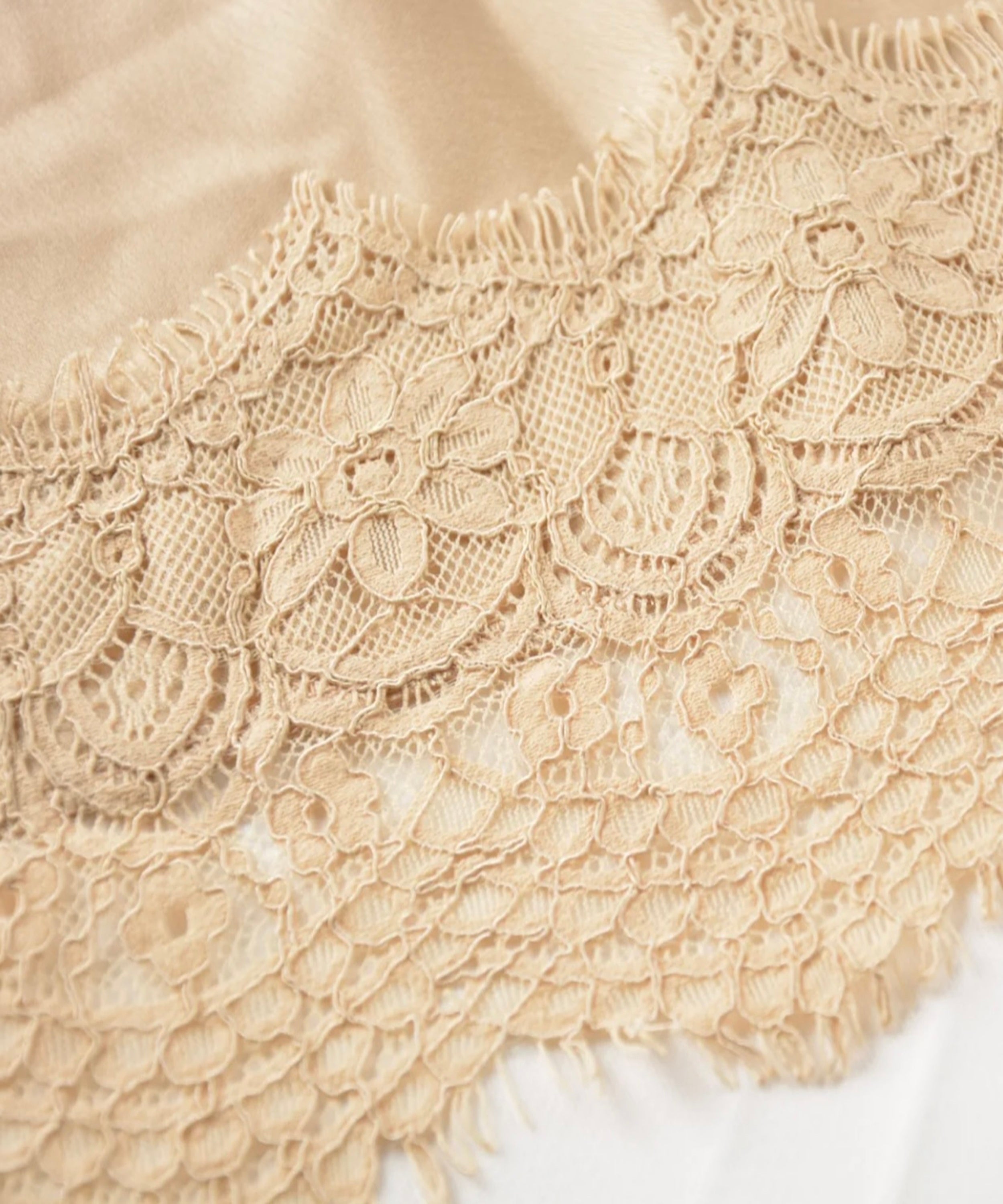 Close-up of beige lace fabric with intricate patterns