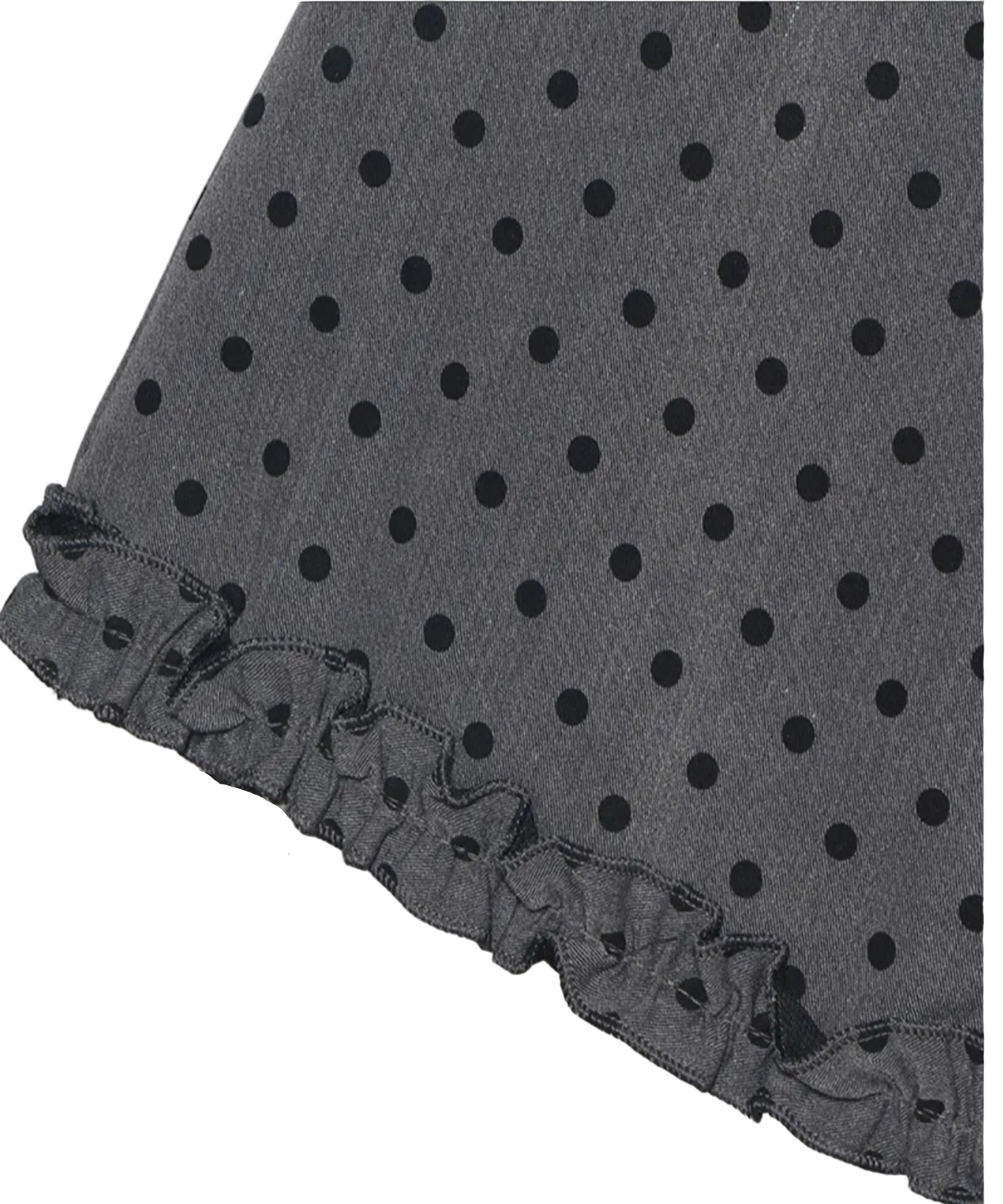 Black polka dot fabric with ruffled edge on a white background