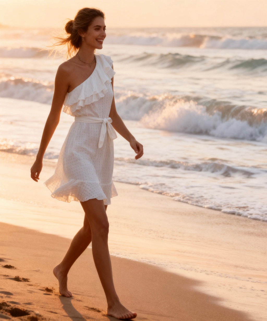 Woman in a white dress walking on a beach at sunset