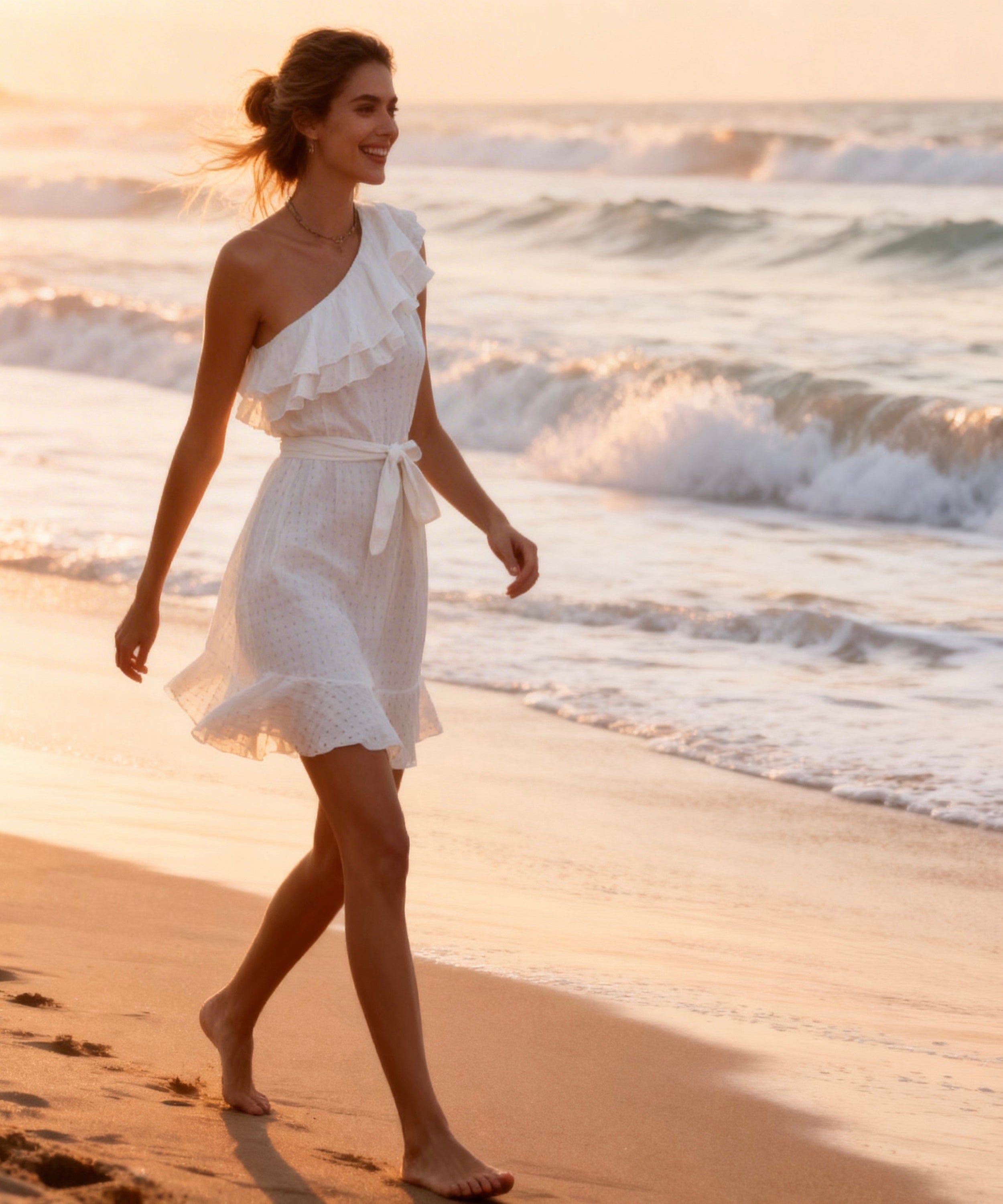 Woman in a white dress walking on a beach at sunset