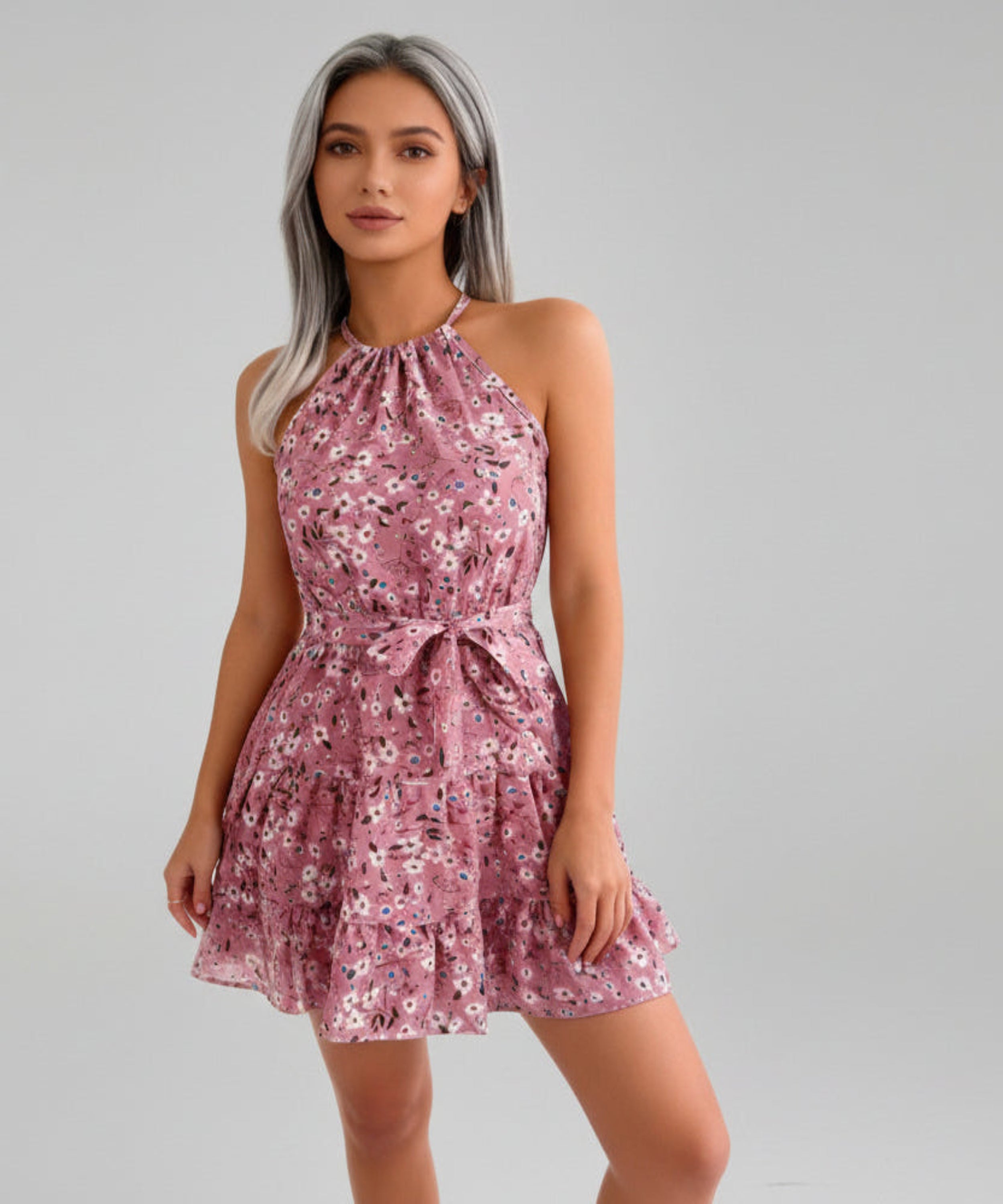 Woman wearing a pink floral dress on a light grey background