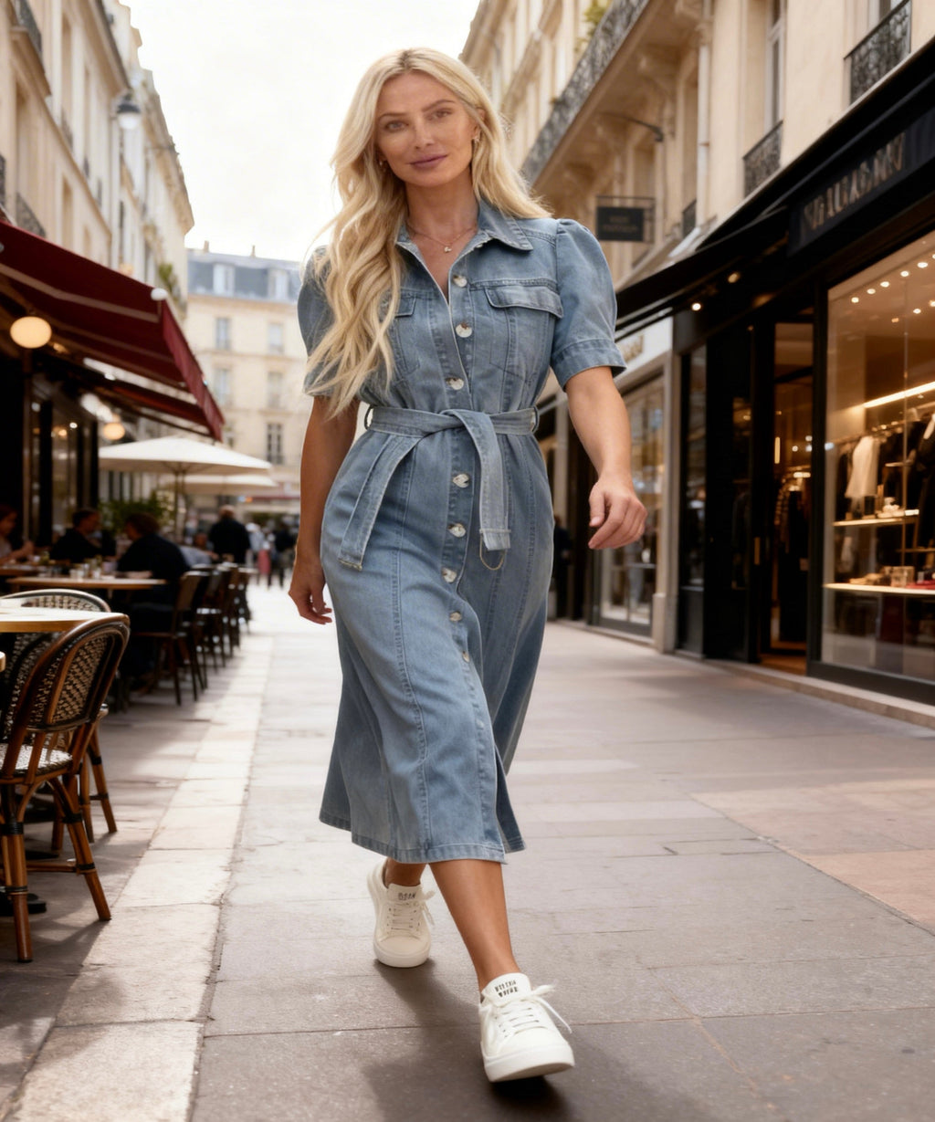 Woman in a denim dress walking on a city street with shops and tables in the background.