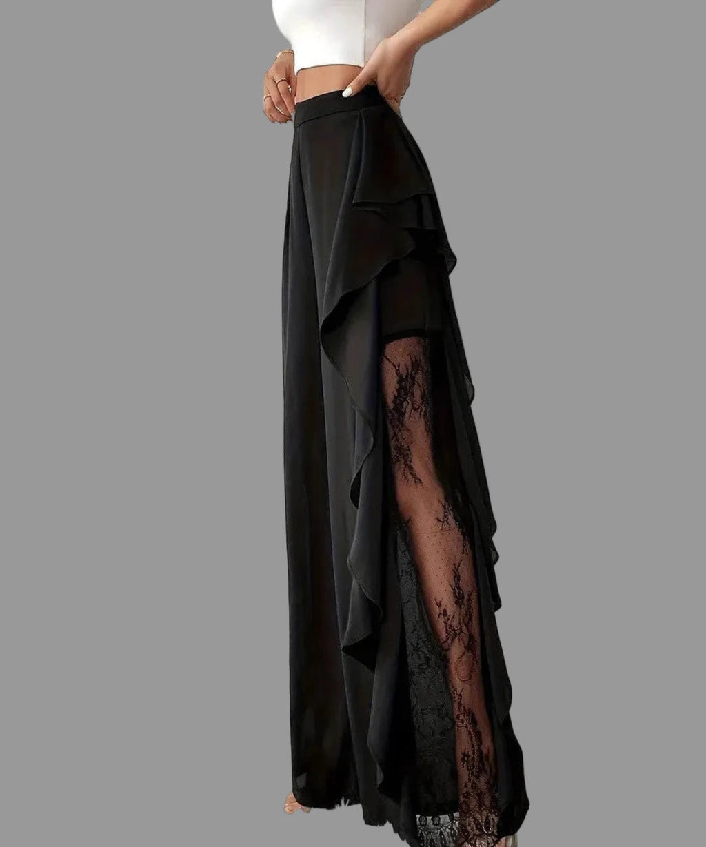 Black lace-trimmed skirt on a white background