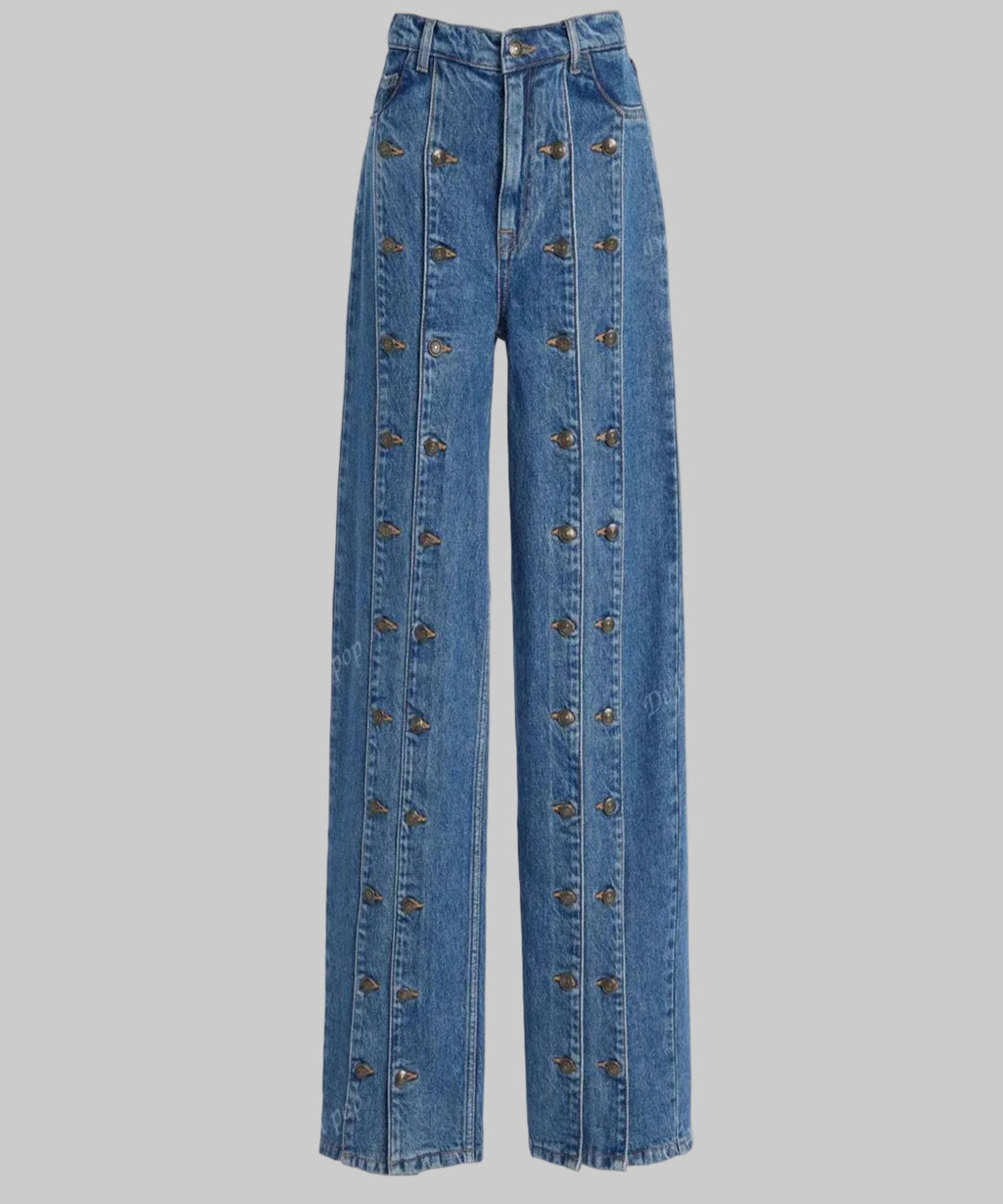 Blue jeans with button details on a white background