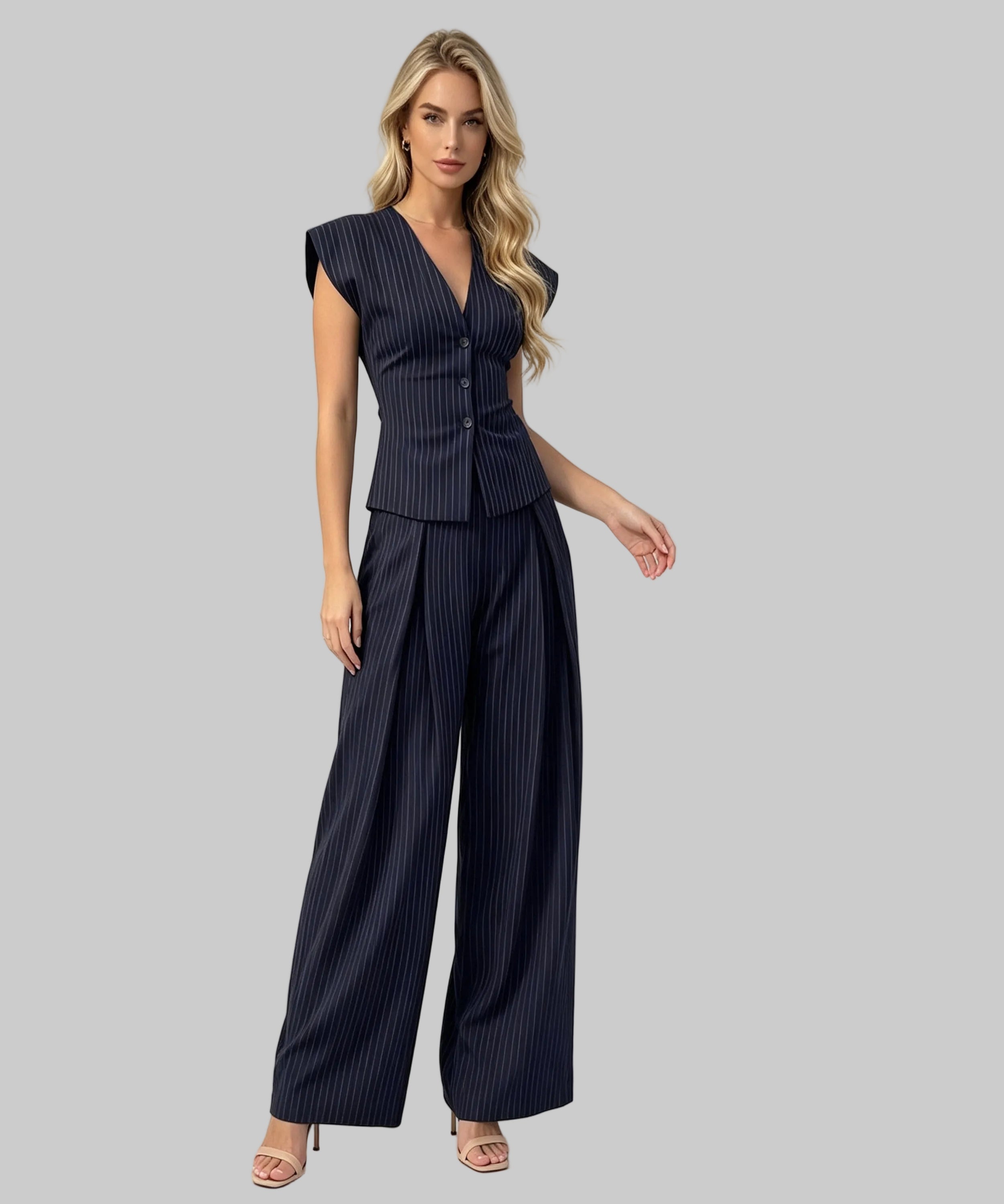 A woman modeling a navy blue pinstriped jumpsuit with a wrap-style bodice and wide-leg trousers, photographed against a clean white studio background.