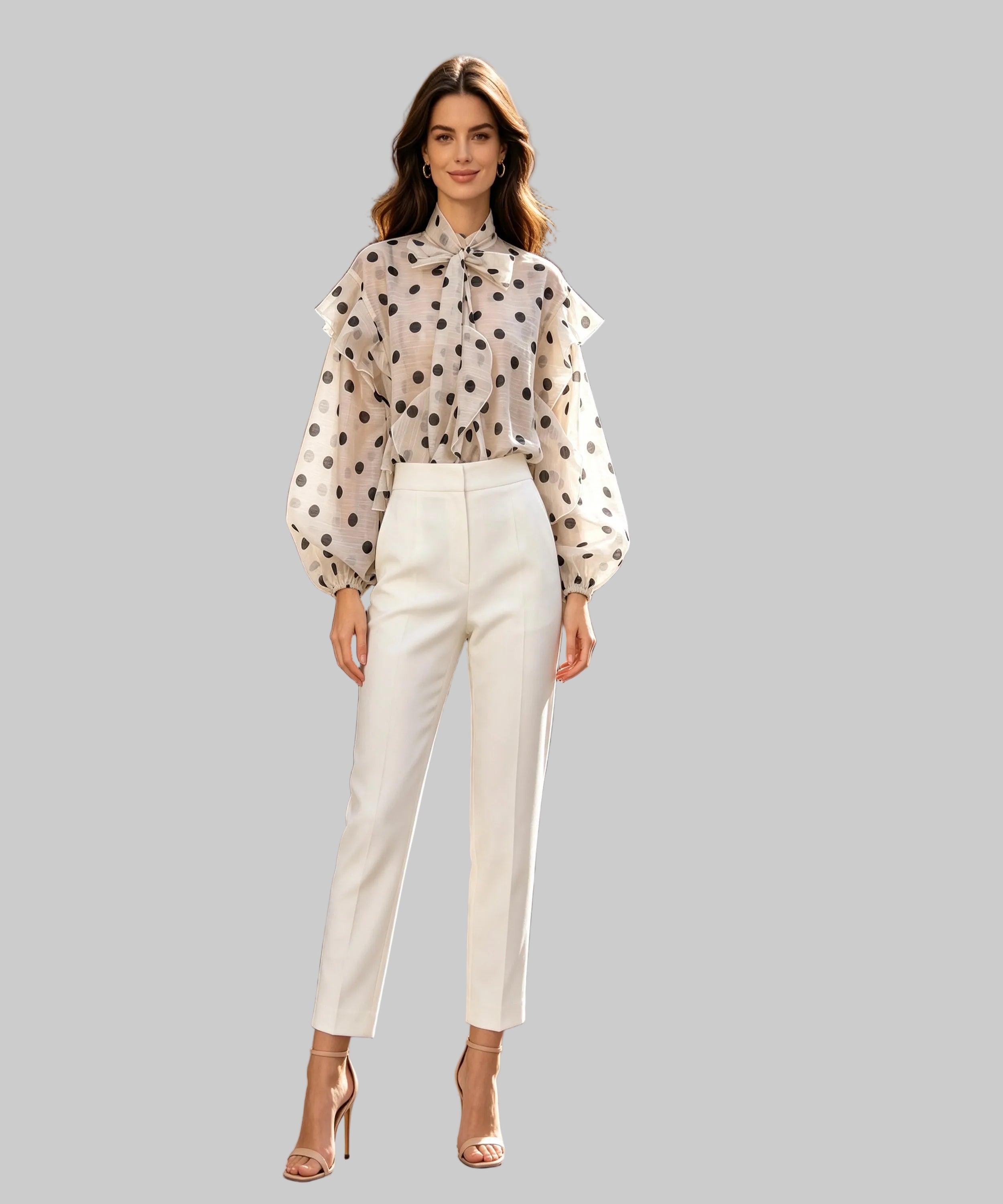 A woman stands on a white background  wearing a cream blouse with black polka dots and ruffled details, paired with white straight-leg trousers and nude high-heeled sandals. Shop storefronts are visible in the background.