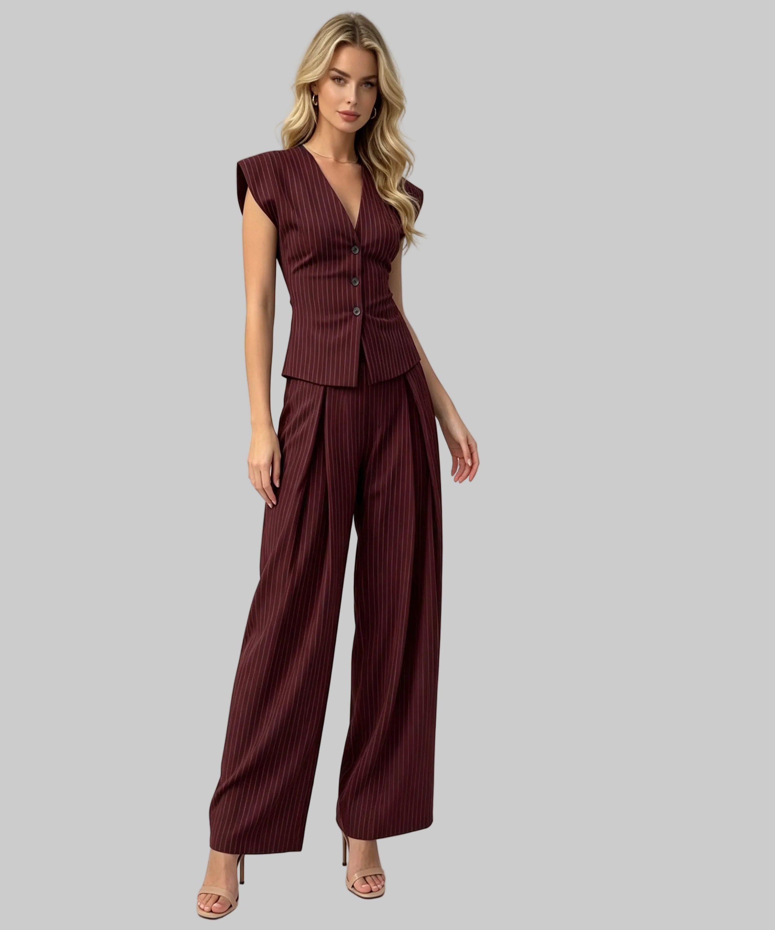 A woman modeling a sleeveless burgundy pinstriped jumpsuit with a wrap-style bodice and wide-leg pants, photographed against a plain light gray studio background.