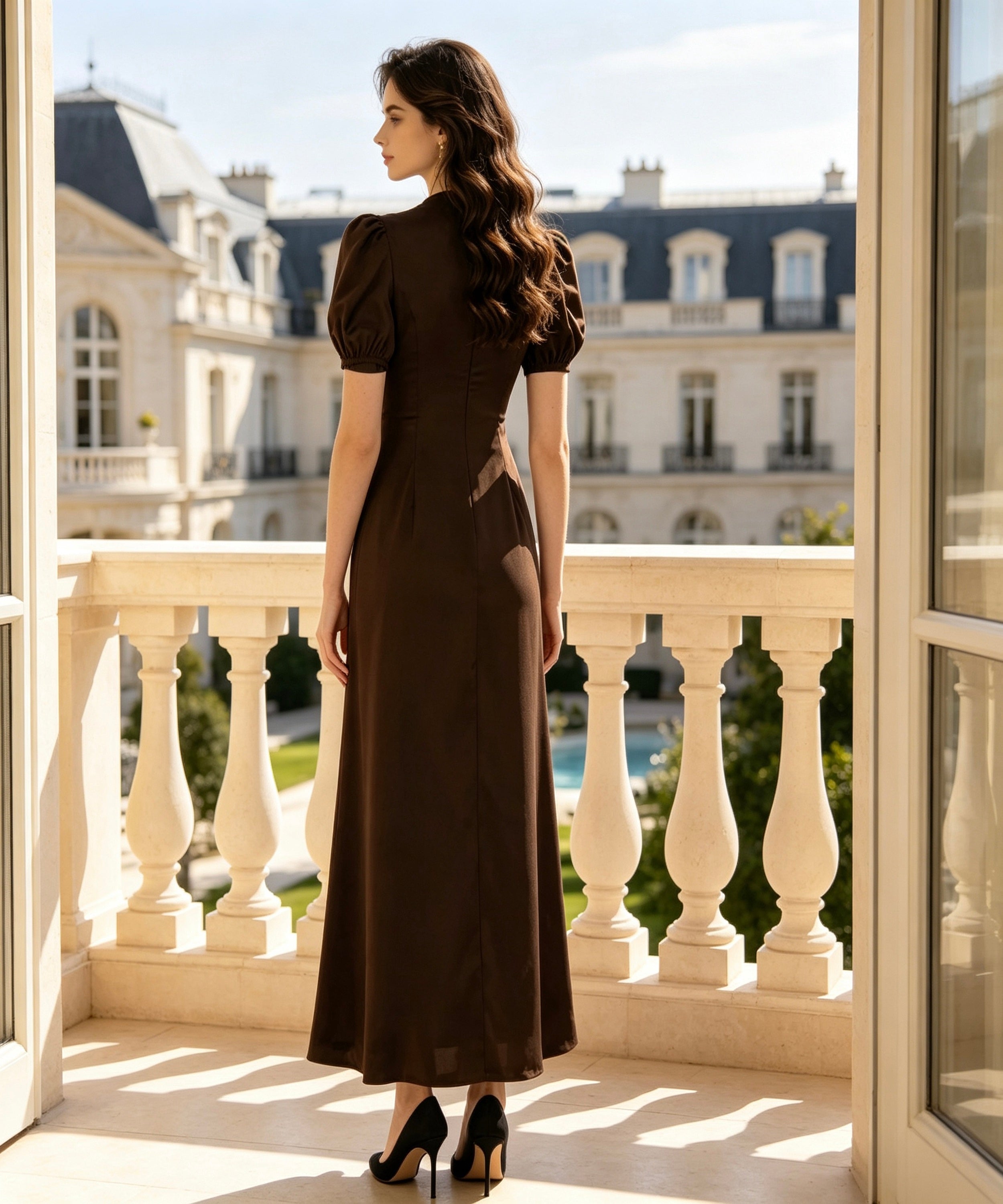 A woman stands on a sunlit balcony wearing a dark brown midi dress with puff sleeves, a high neckline, and a fitted silhouette. The background shows a large classical building and white balustrade.