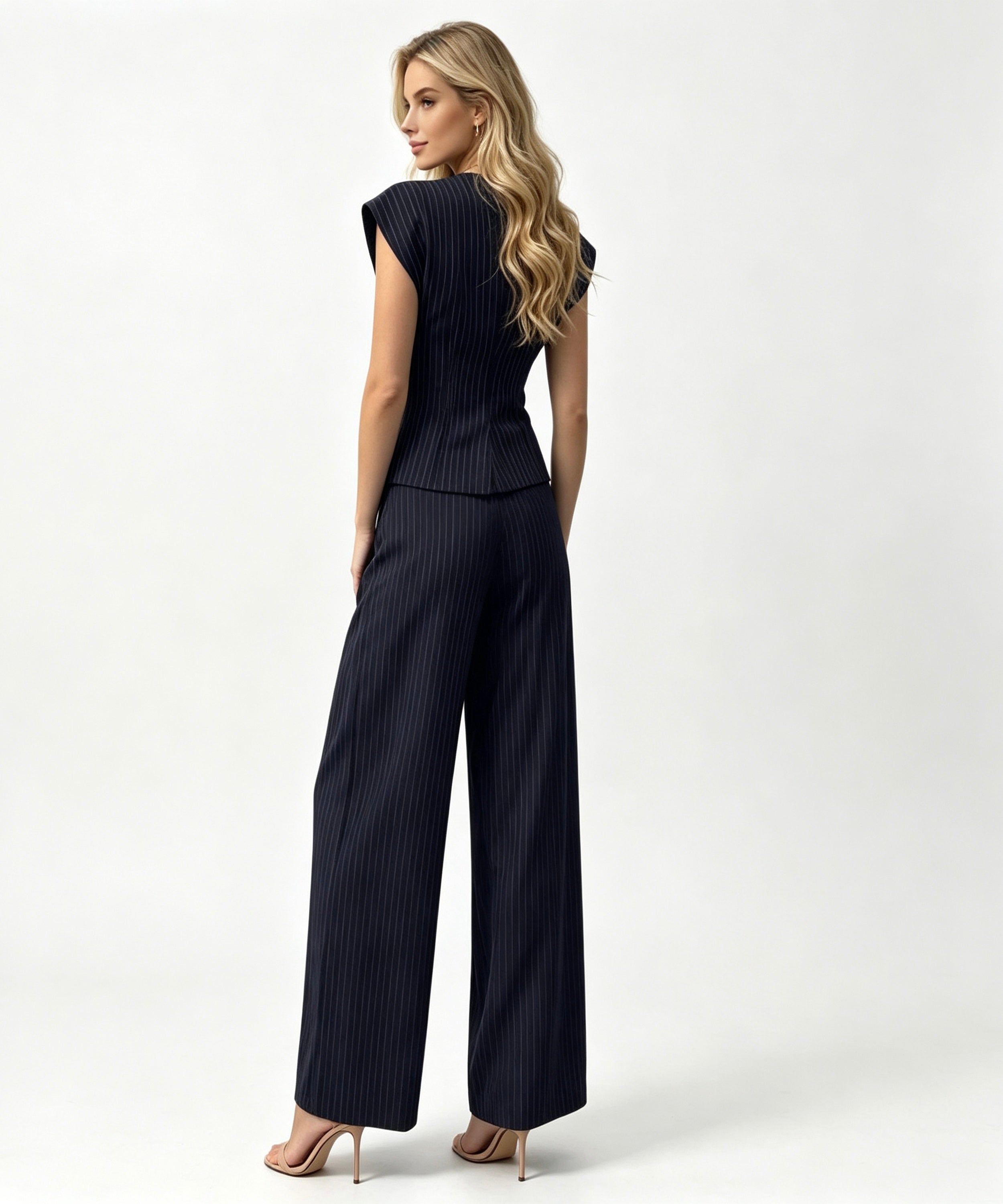A woman modeling a dark navy pinstriped jumpsuit from the back, featuring a structured sleeveless bodice and wide-leg trousers, set against a plain white studio background.