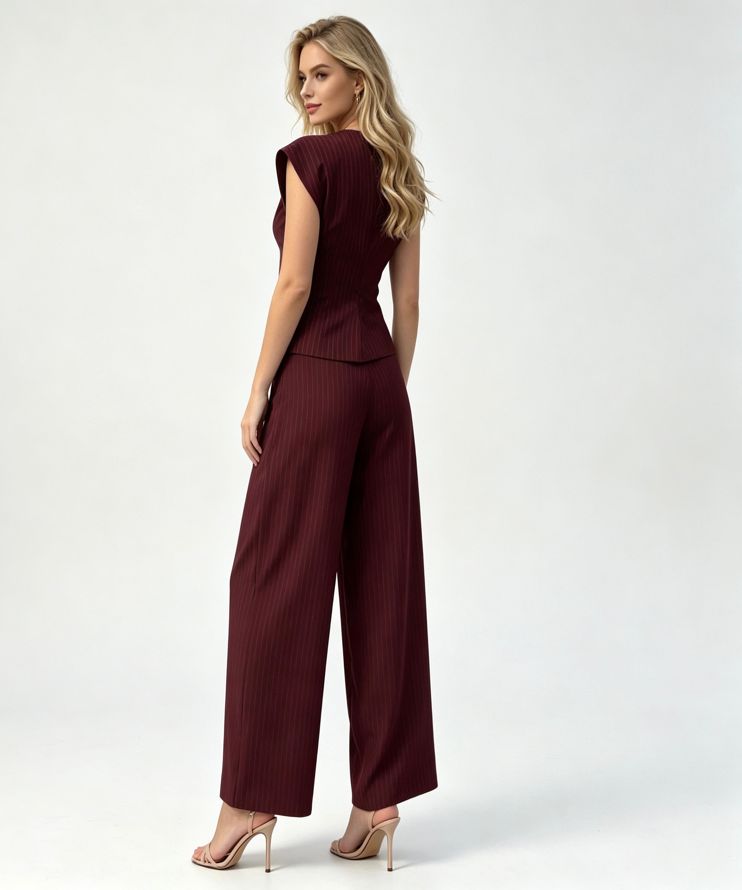 A woman modeling a sleeveless burgundy jumpsuit with a structured waist and wide legs, shown from a three-quarters back view against a plain white studio background.