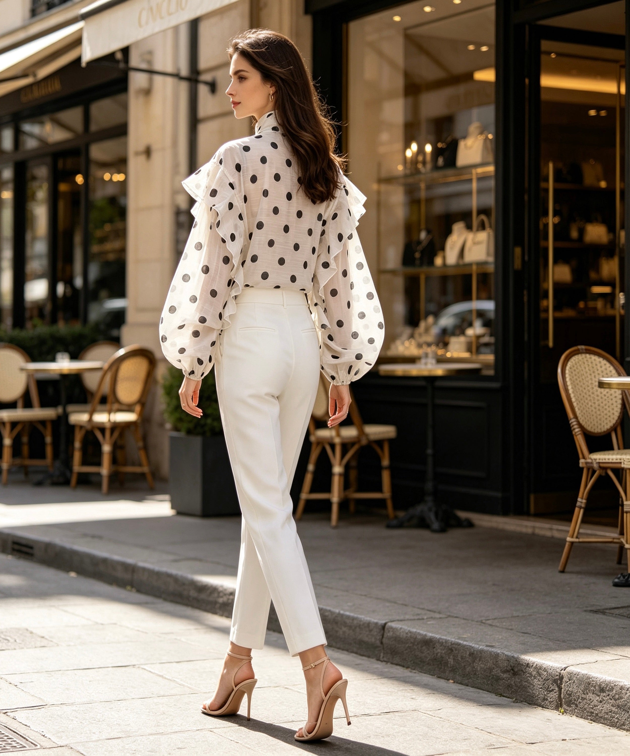 A woman stands on a city sidewalk wearing a sheer white blouse with black polka dots and dramatic ruffled shoulders, paired with white cropped pants and nude high-heel sandals. A boutique storefront with chairs and display windows is visible in the background.