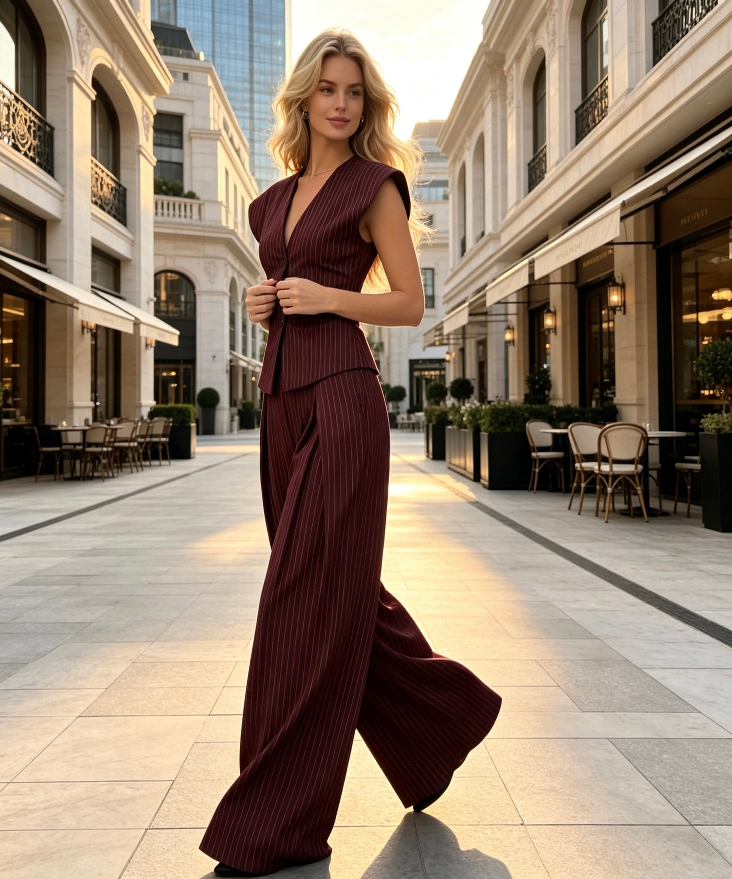 A woman stands in a sunlit urban plaza wearing a sleeveless, deep burgundy ribbed jumpsuit with a wrap-style V-neck bodice and wide flowing legs.